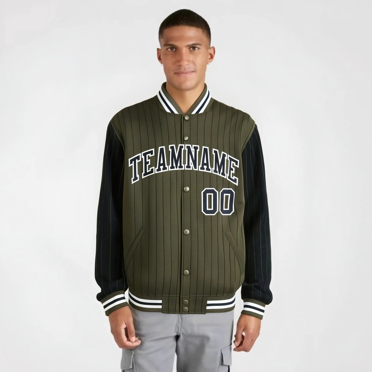 Custom Olive Black-Olive Personalized Stripe Fashion Letterman Bomber Varsity Jacket