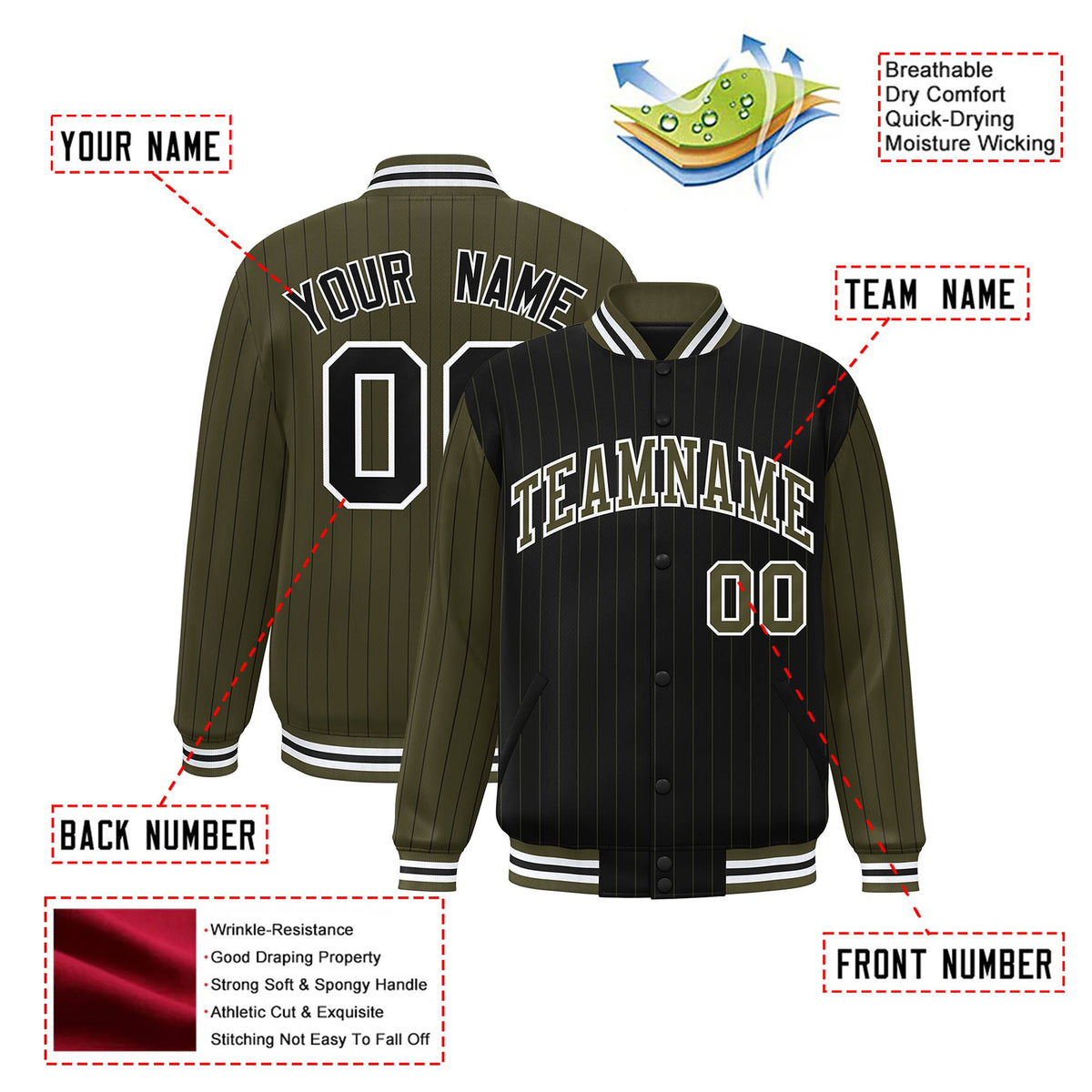 Custom Black Olive-Black Personalized Stripe Fashion Letterman Bomber Varsity Jacket
