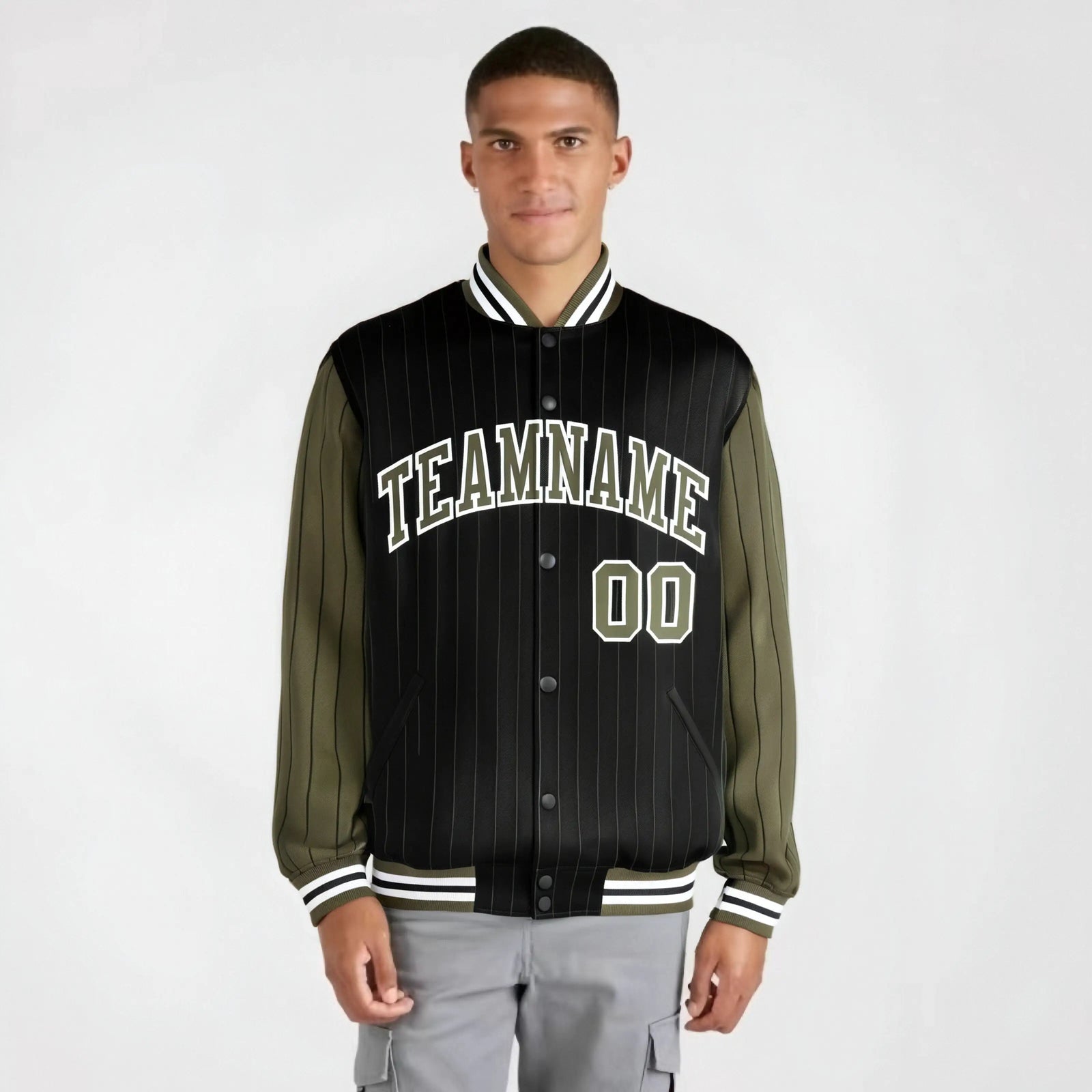 Custom Black Olive-Black Personalized Stripe Fashion Letterman Bomber Varsity Jacket