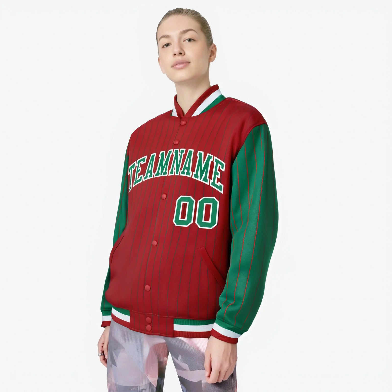 Custom Red Green-Red Personalized Stripe Fashion Letterman Bomber Varsity Jacket