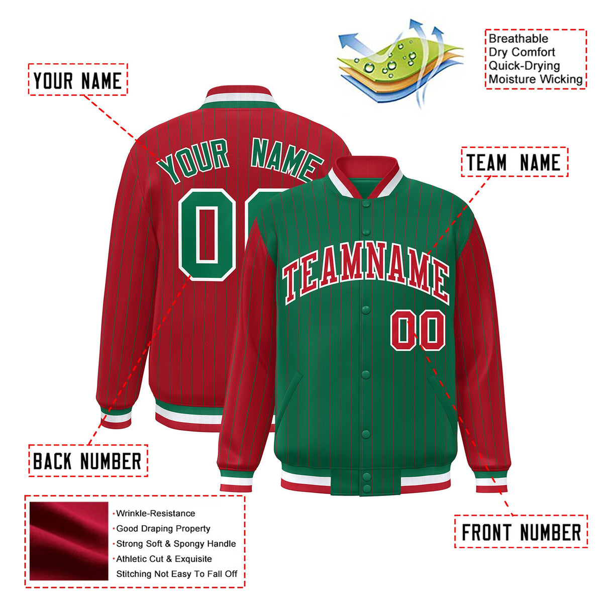 Custom Green Red-Green Personalized Stripe Fashion Letterman Bomber Varsity Jacket