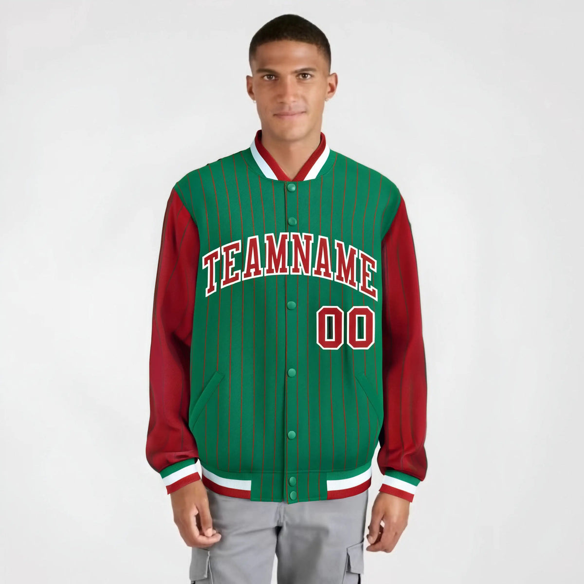 Custom Green Red-Green Personalized Stripe Fashion Letterman Bomber Varsity Jacket
