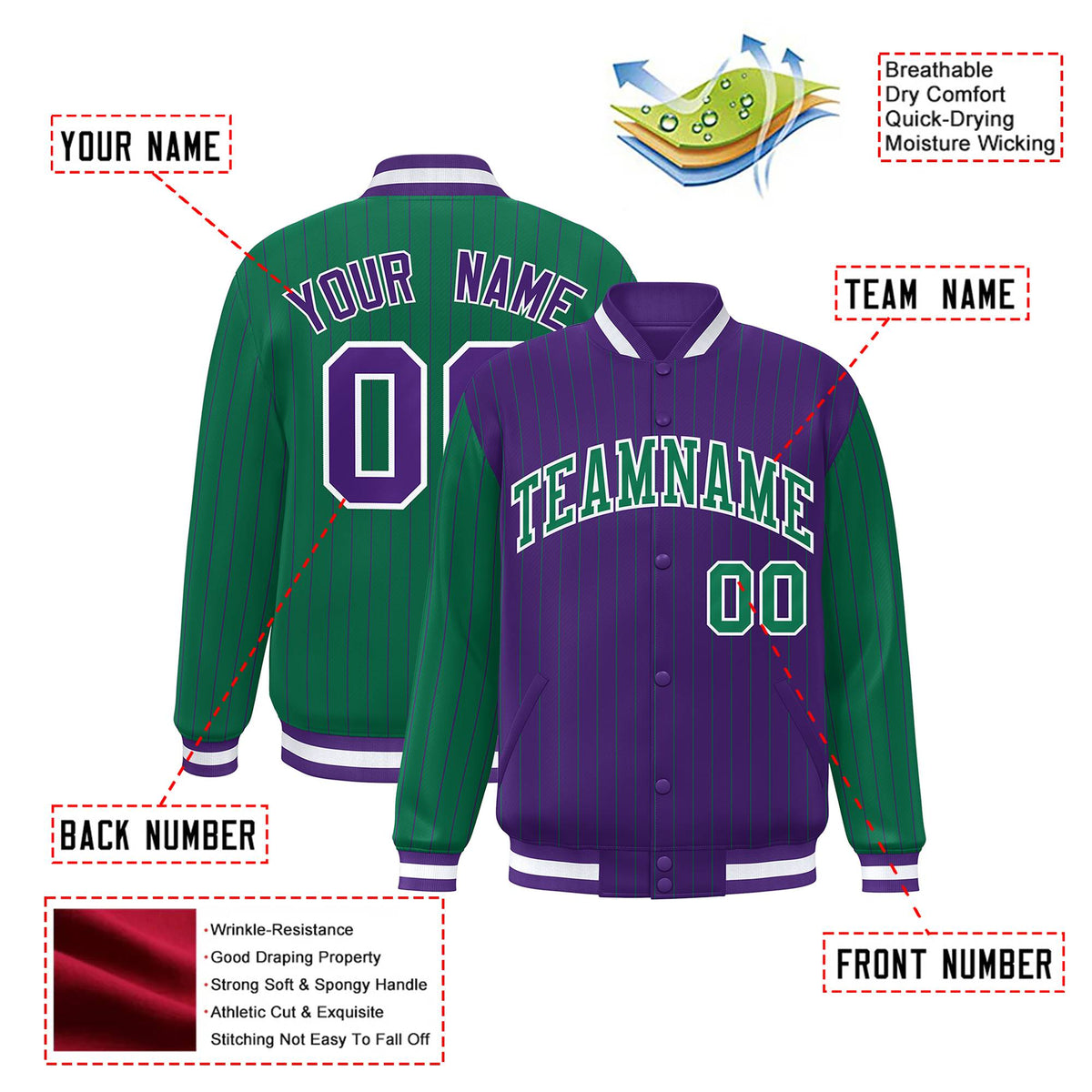 Custom Purple Green-Purple Personalized Stripe Fashion Letterman Bomber Varsity Jacket