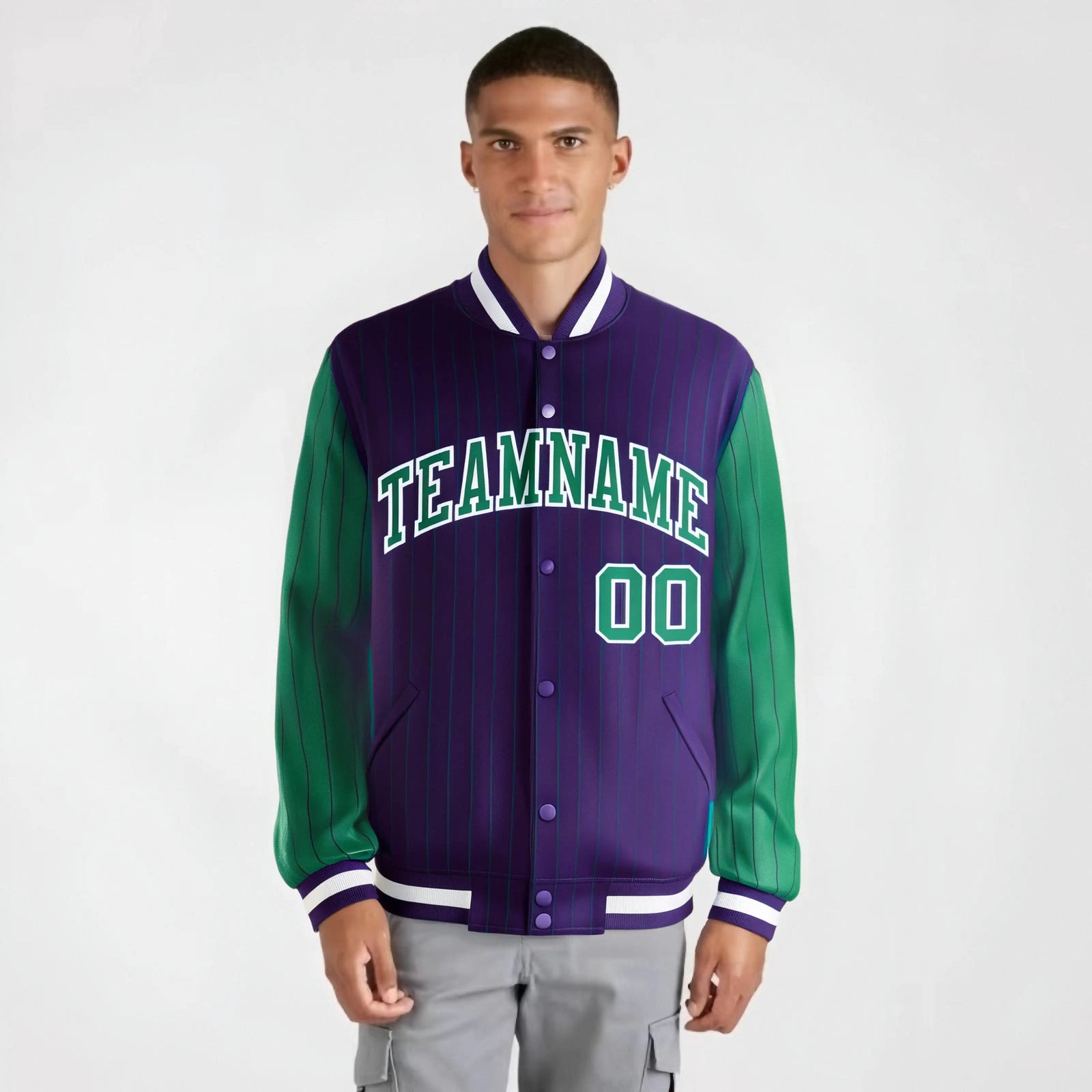 Custom Purple Green-Purple Personalized Stripe Fashion Letterman Bomber Varsity Jacket