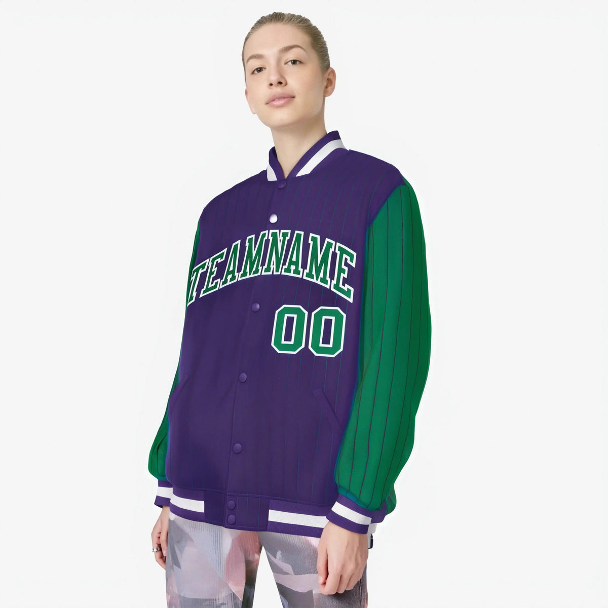 Custom Purple Green-Purple Personalized Stripe Fashion Letterman Bomber Varsity Jacket