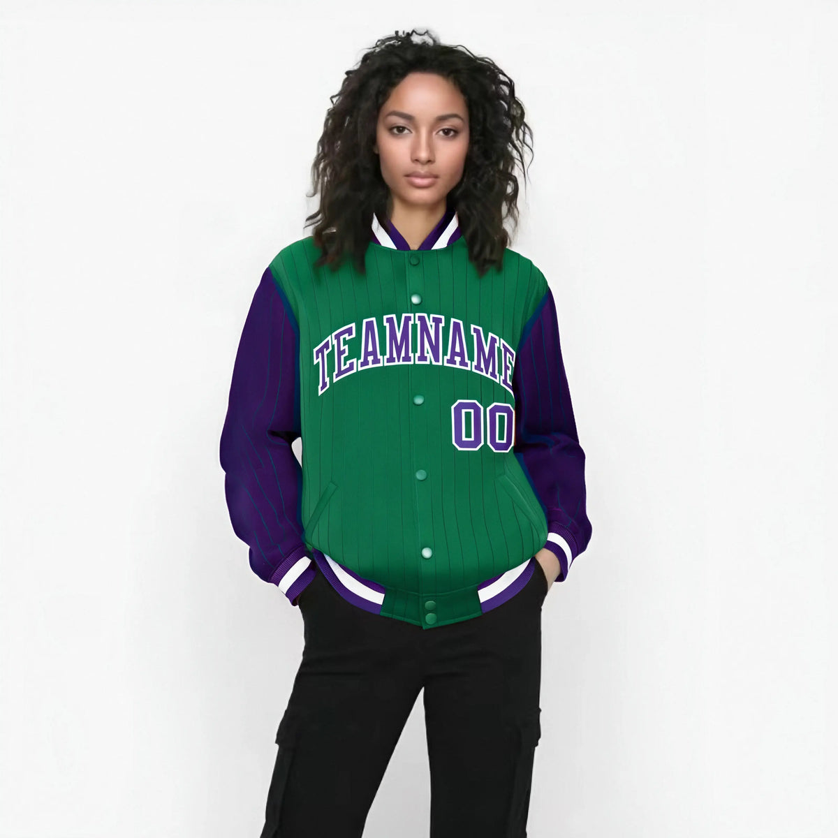 Custom Green Purple-Green Personalized Stripe Fashion Letterman Bomber Varsity Jacket