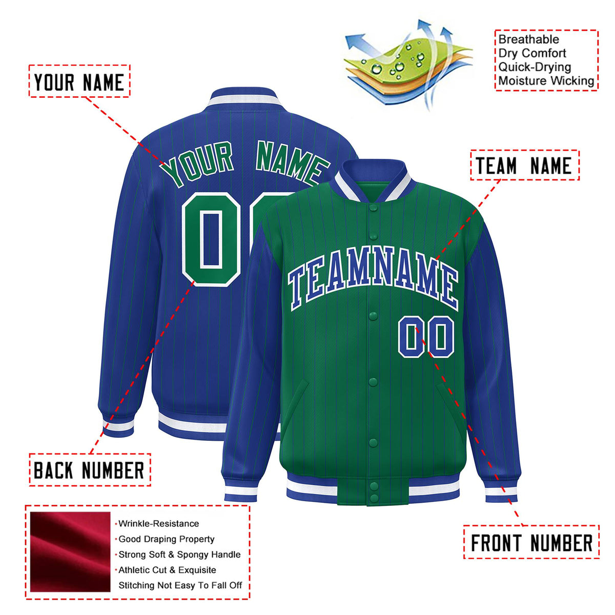 Custom Green Royal Blue-Green Personalized Stripe Fashion Letterman Bomber Varsity Jacket
