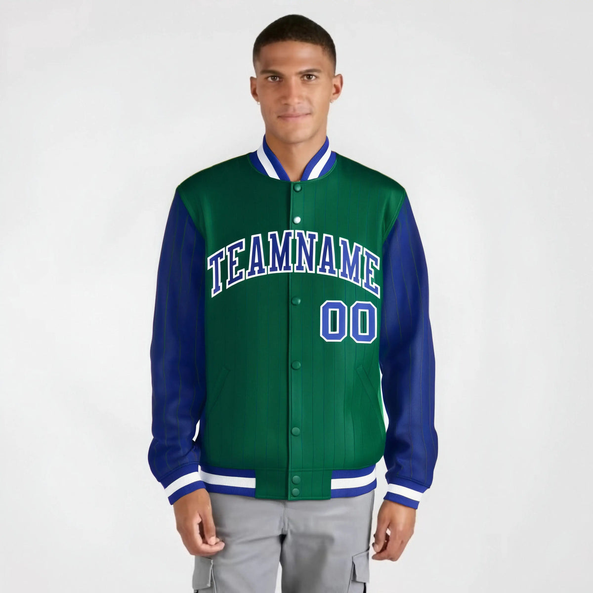 Custom Green Royal Blue-Green Personalized Stripe Fashion Letterman Bomber Varsity Jacket