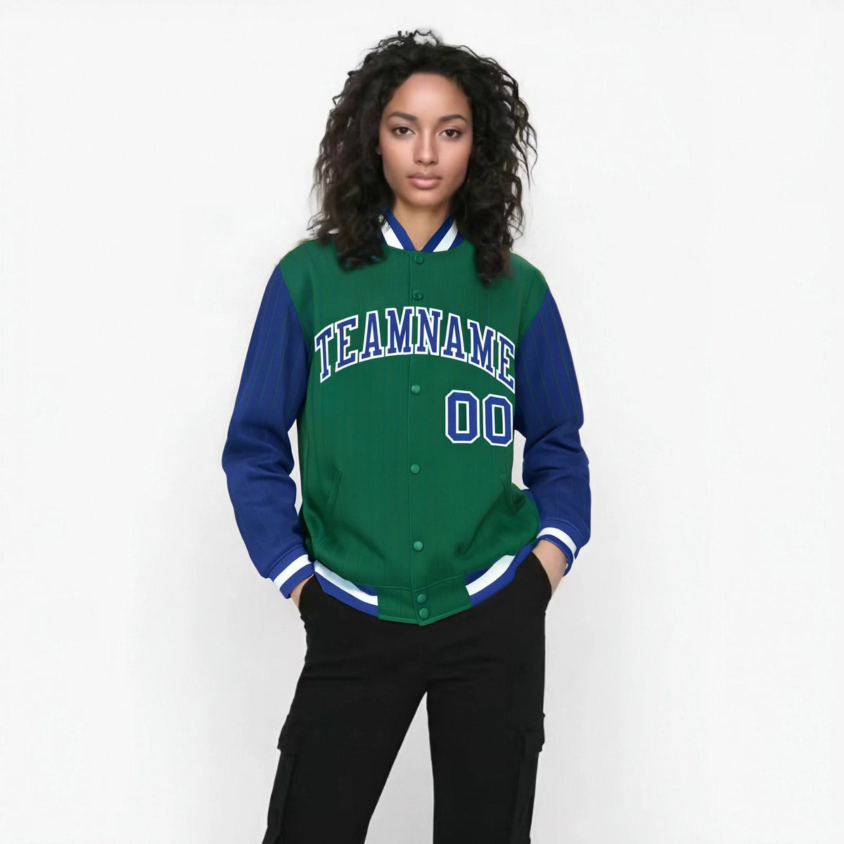Custom Green Royal Blue-Green Personalized Stripe Fashion Letterman Bomber Varsity Jacket