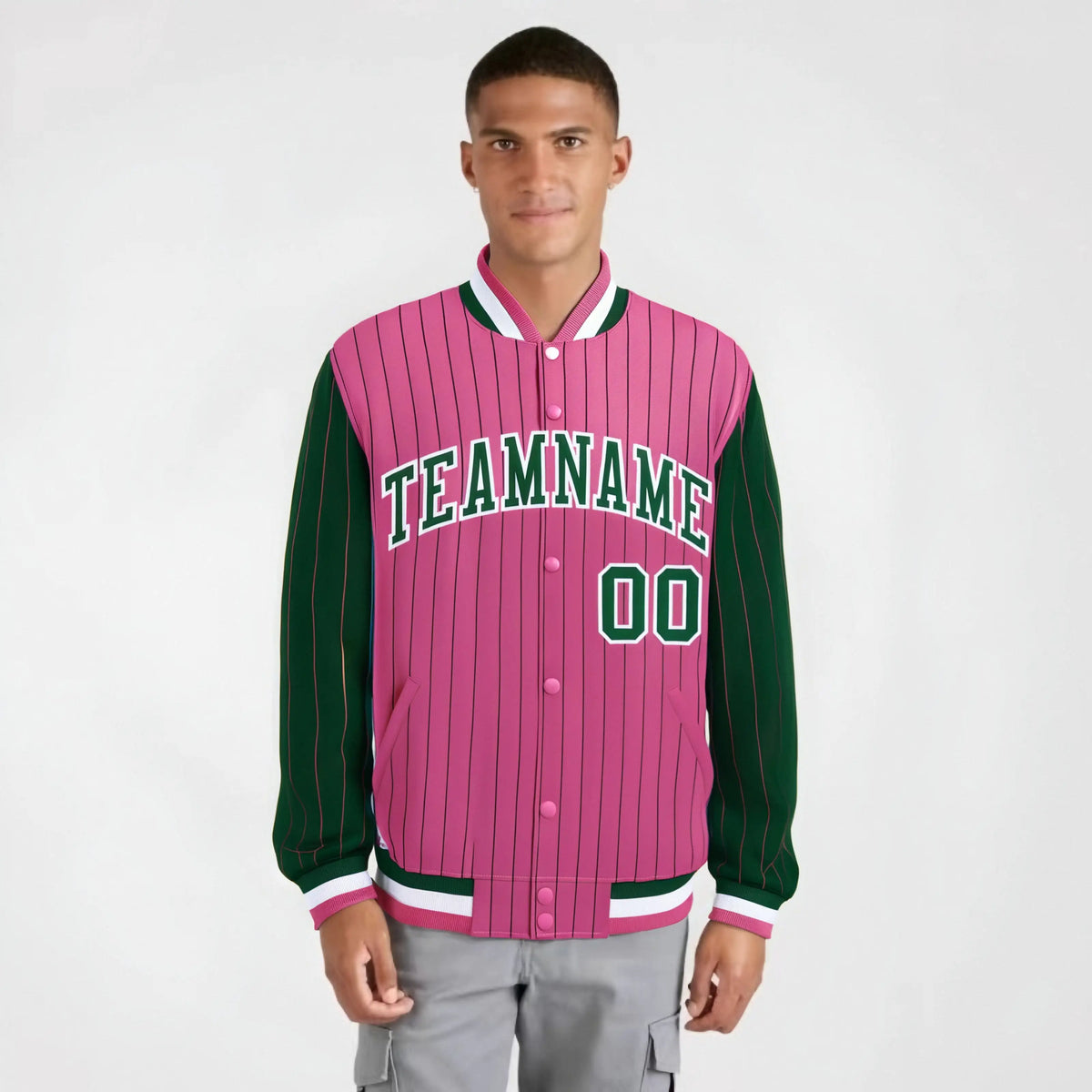 Custom Pink Green-Pink Personalized Stripe Fashion Letterman Bomber Varsity Jacket