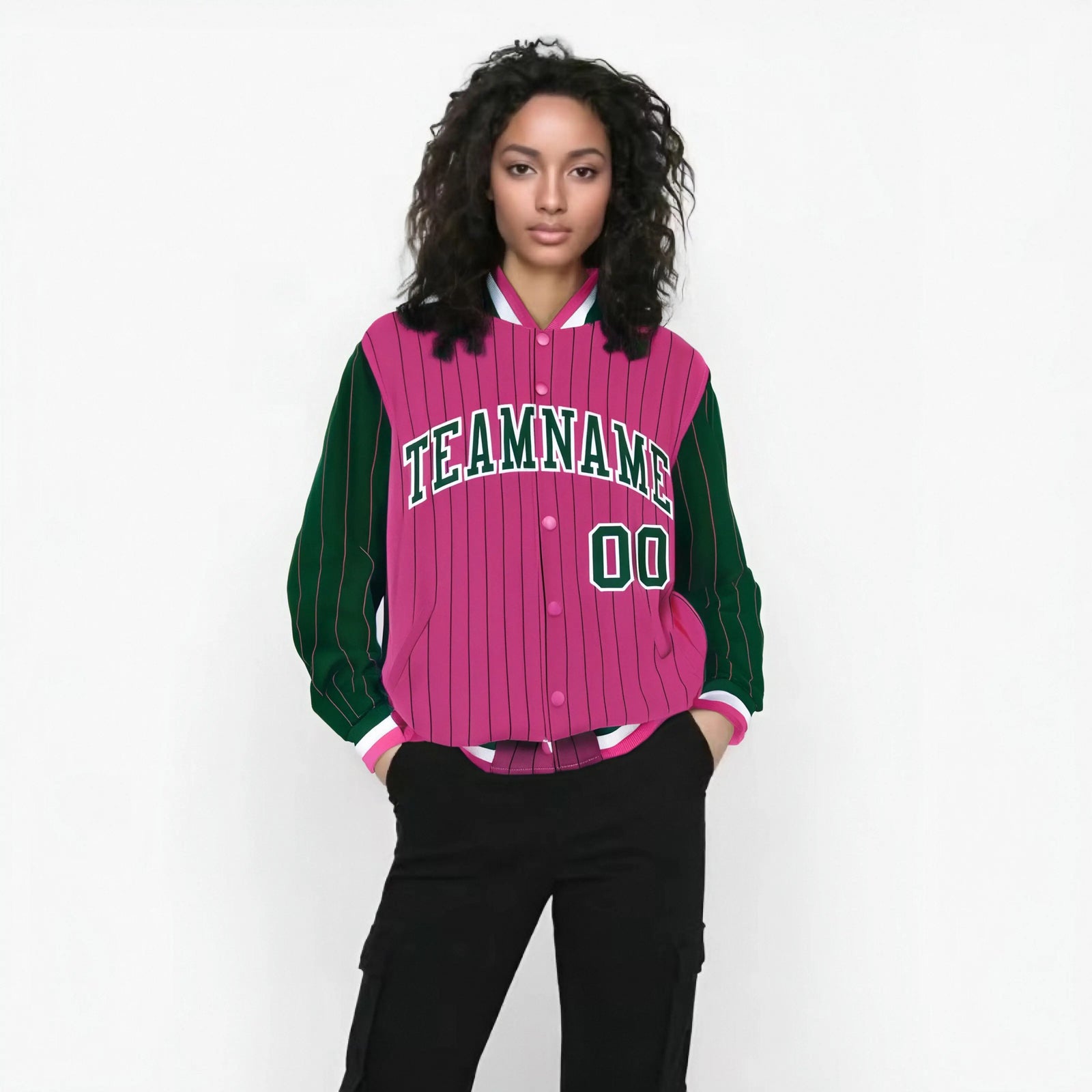 Custom Pink Green-Pink Personalized Stripe Fashion Letterman Bomber Varsity Jacket