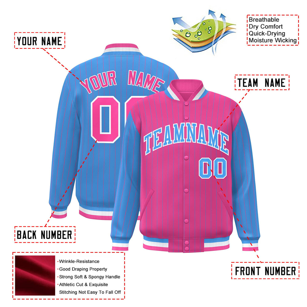 Custom Pink Powder Blue-Pink Personalized Stripe Fashion Letterman Bomber Varsity Jacket