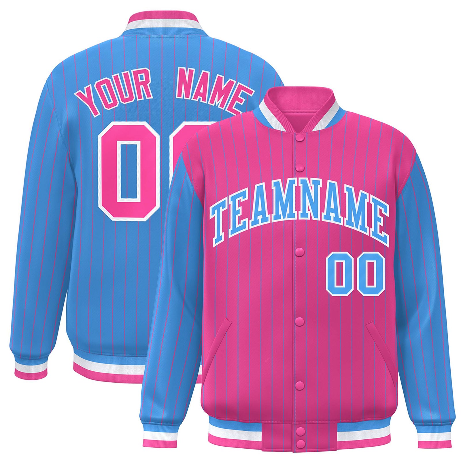 Custom Pink Powder Blue-Pink Personalized Stripe Fashion Letterman Bomber Varsity Jacket