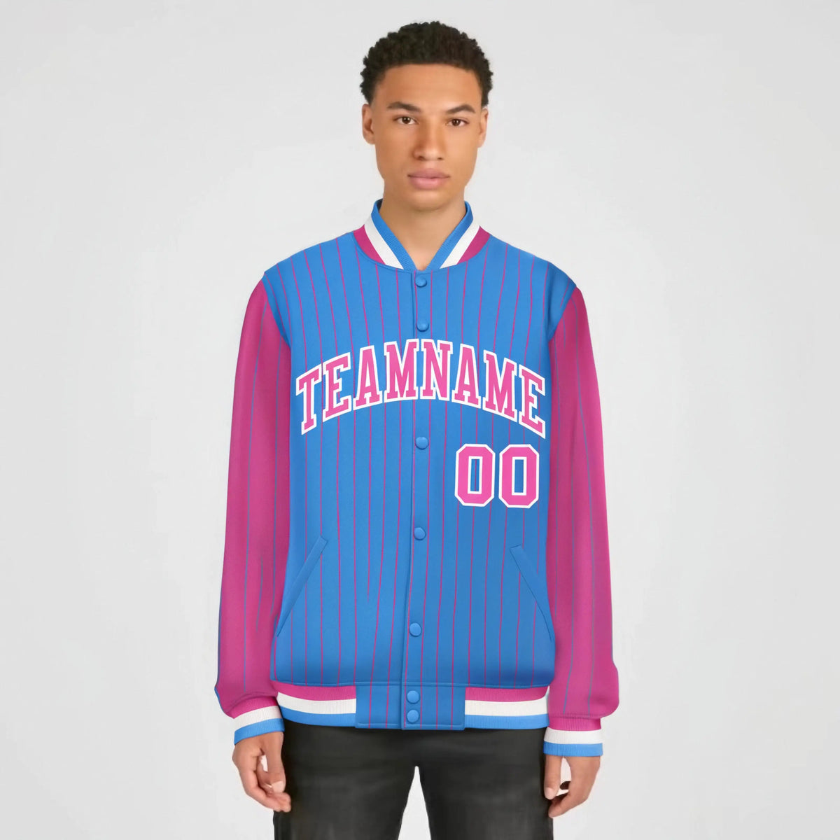 Custom Powder Blue Pink-Powder Blue Personalized Stripe Fashion Letterman Bomber Varsity Jacket