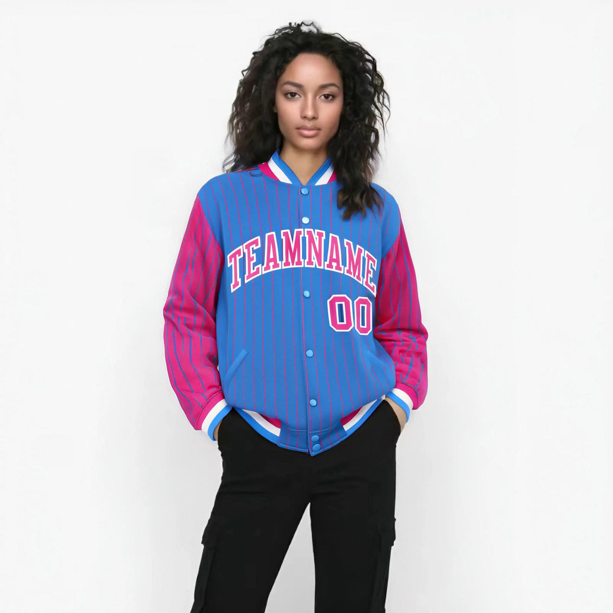 Custom Powder Blue Pink-Powder Blue Personalized Stripe Fashion Letterman Bomber Varsity Jacket