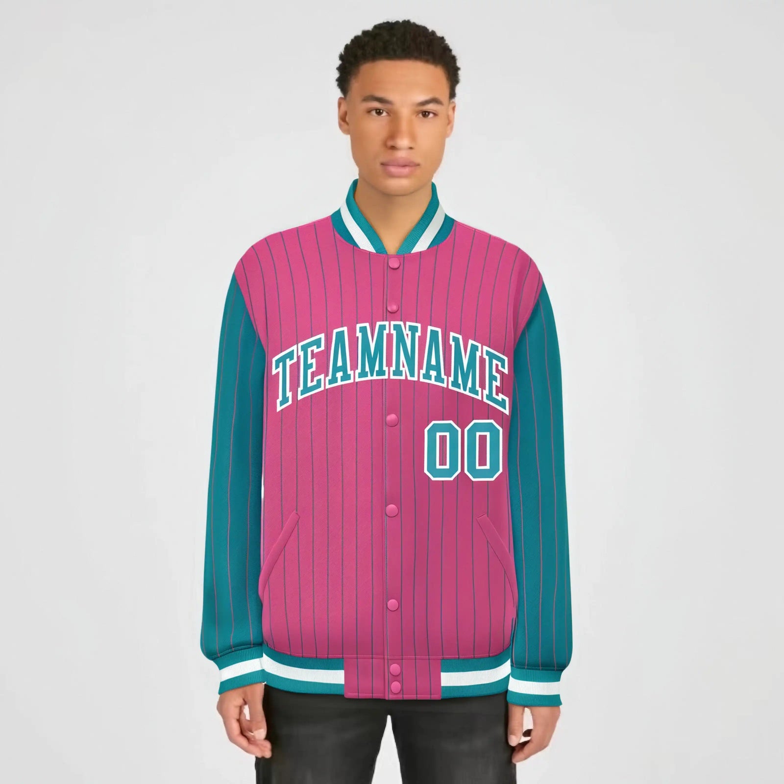 Custom Pink Aqua-Pink Personalized Stripe Fashion Letterman Bomber Varsity Jacket