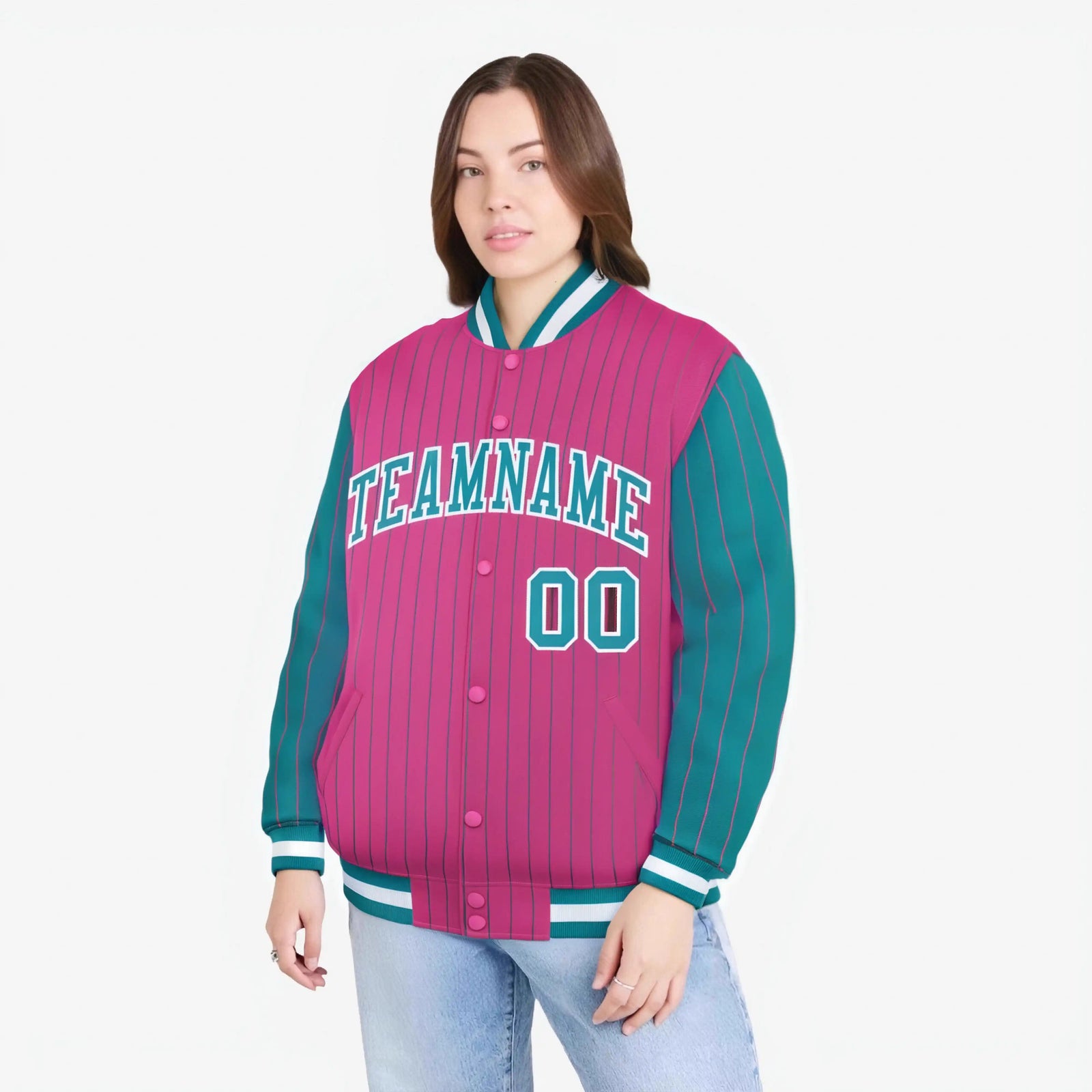 Custom Pink Aqua-Pink Personalized Stripe Fashion Letterman Bomber Varsity Jacket