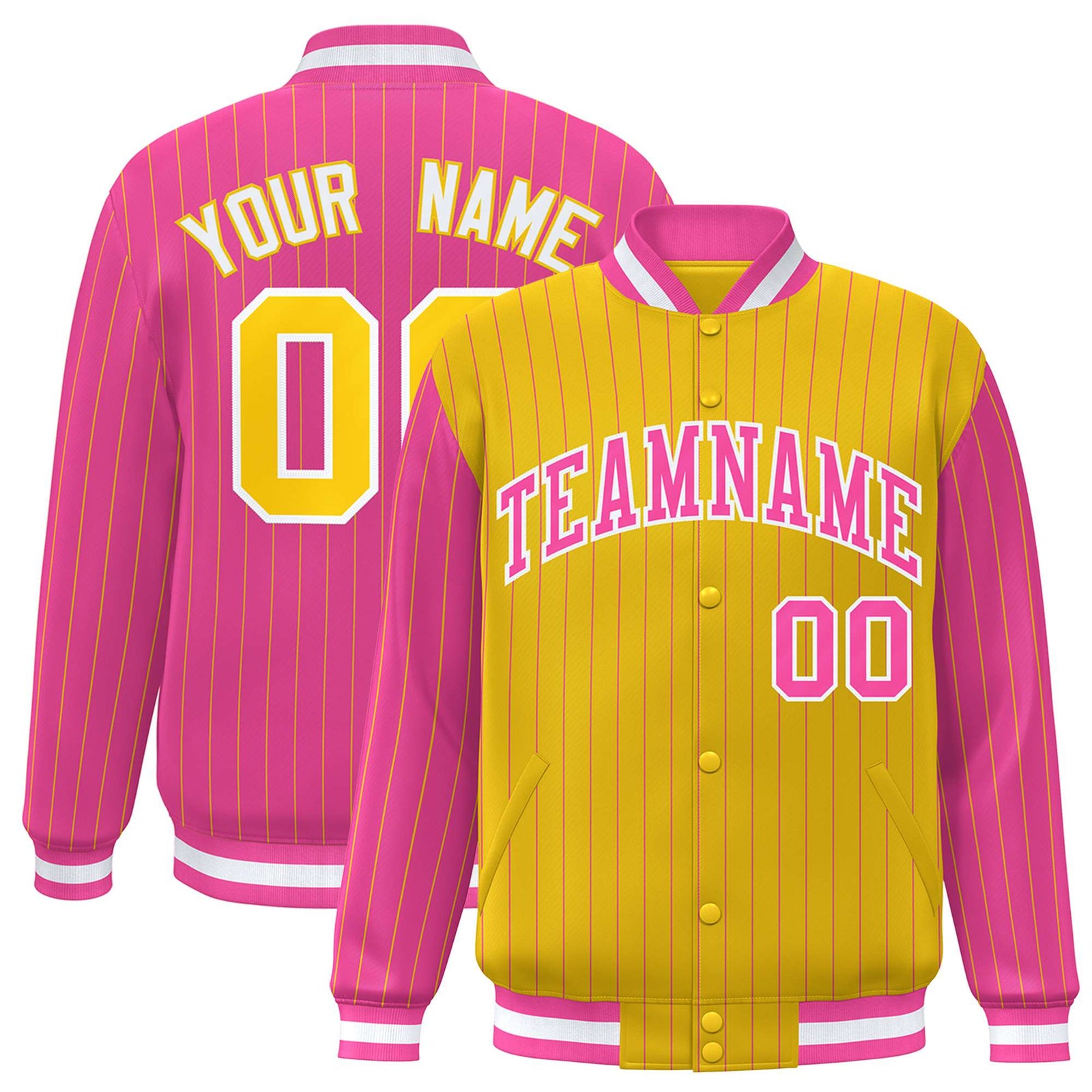 Custom Gold Pink-Gold Personalized Stripe Fashion Letterman Bomber Varsity Jacket