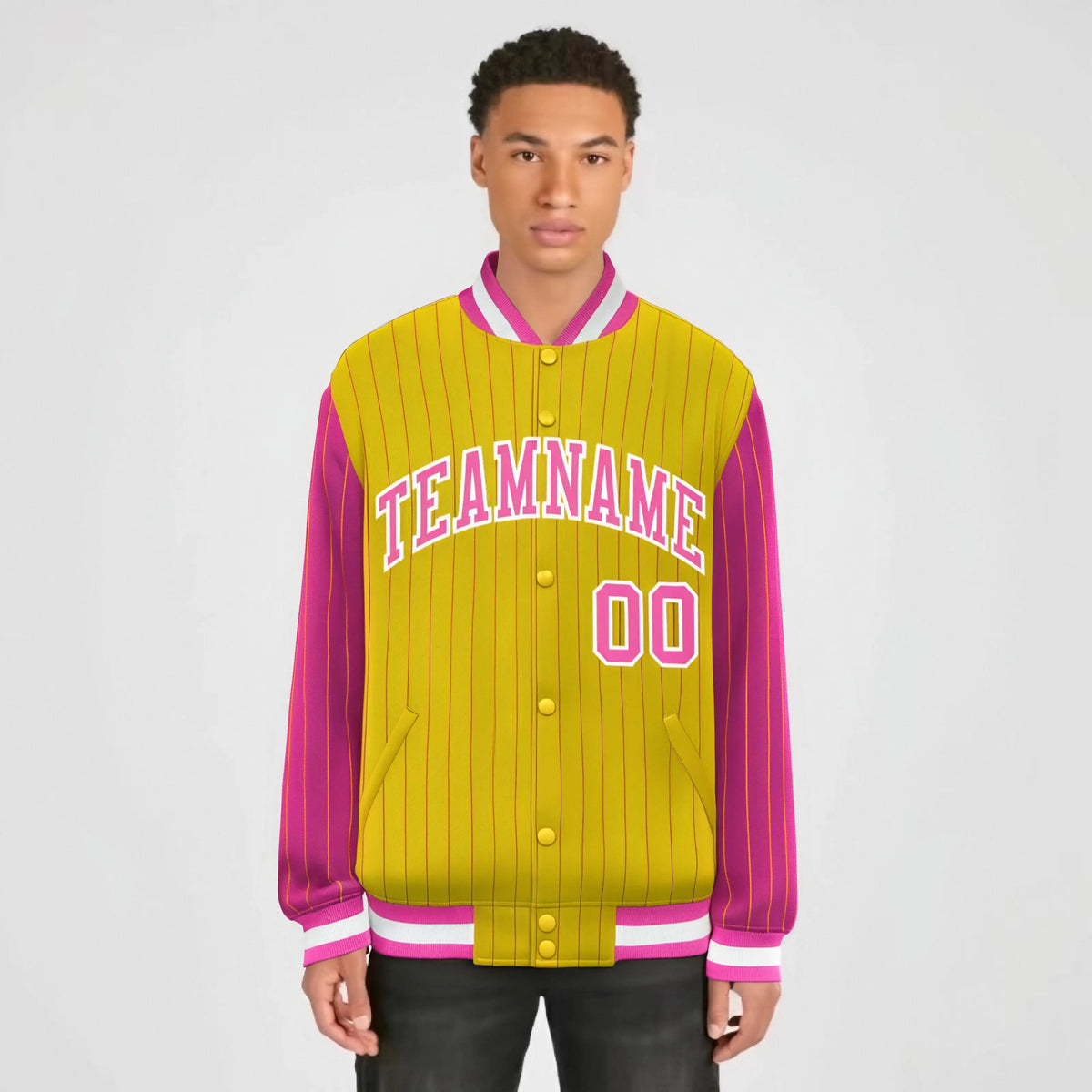 Custom Gold Pink-Gold Personalized Stripe Fashion Letterman Bomber Varsity Jacket