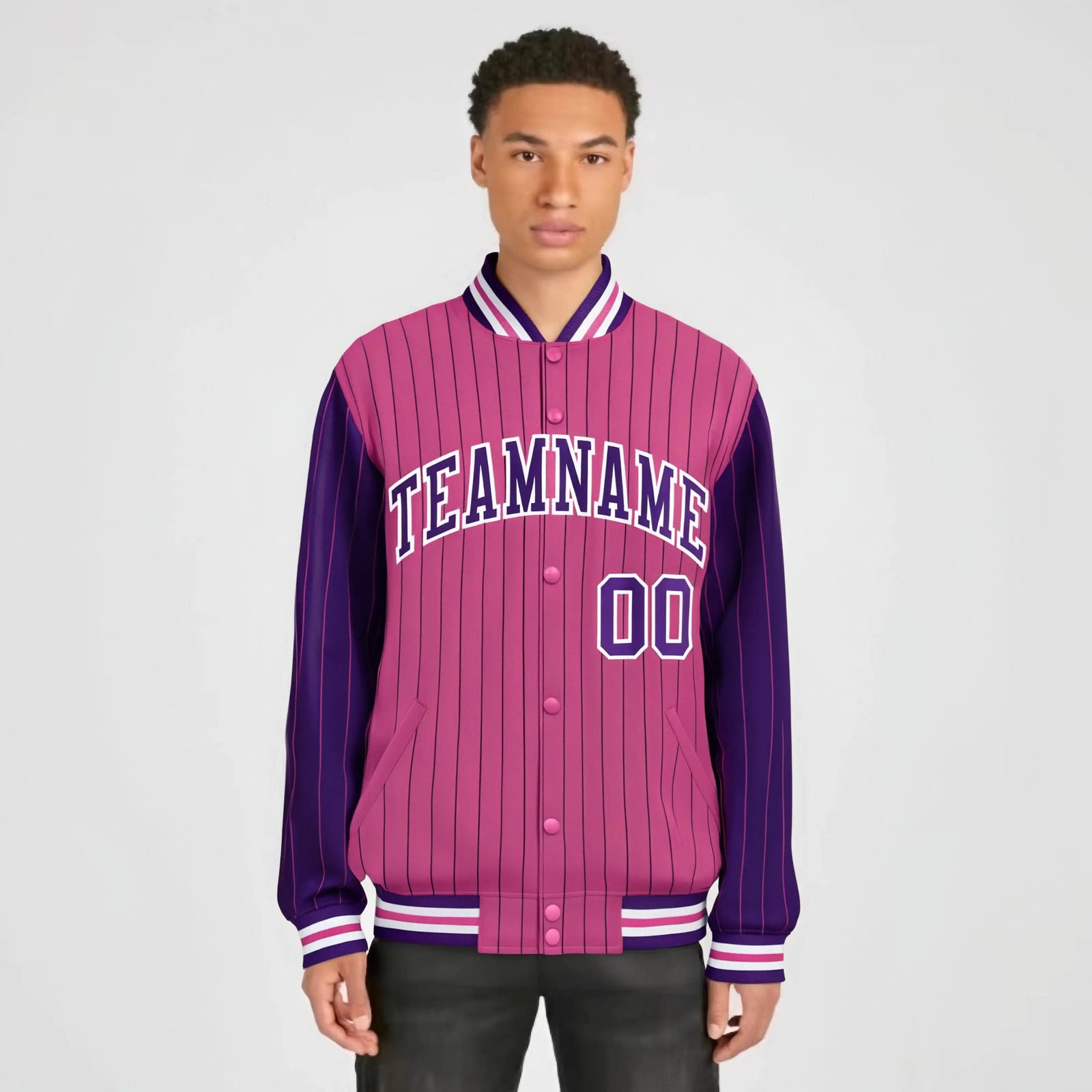 Custom Pink Purple-Pink Personalized Stripe Fashion Letterman Bomber Varsity Jacket