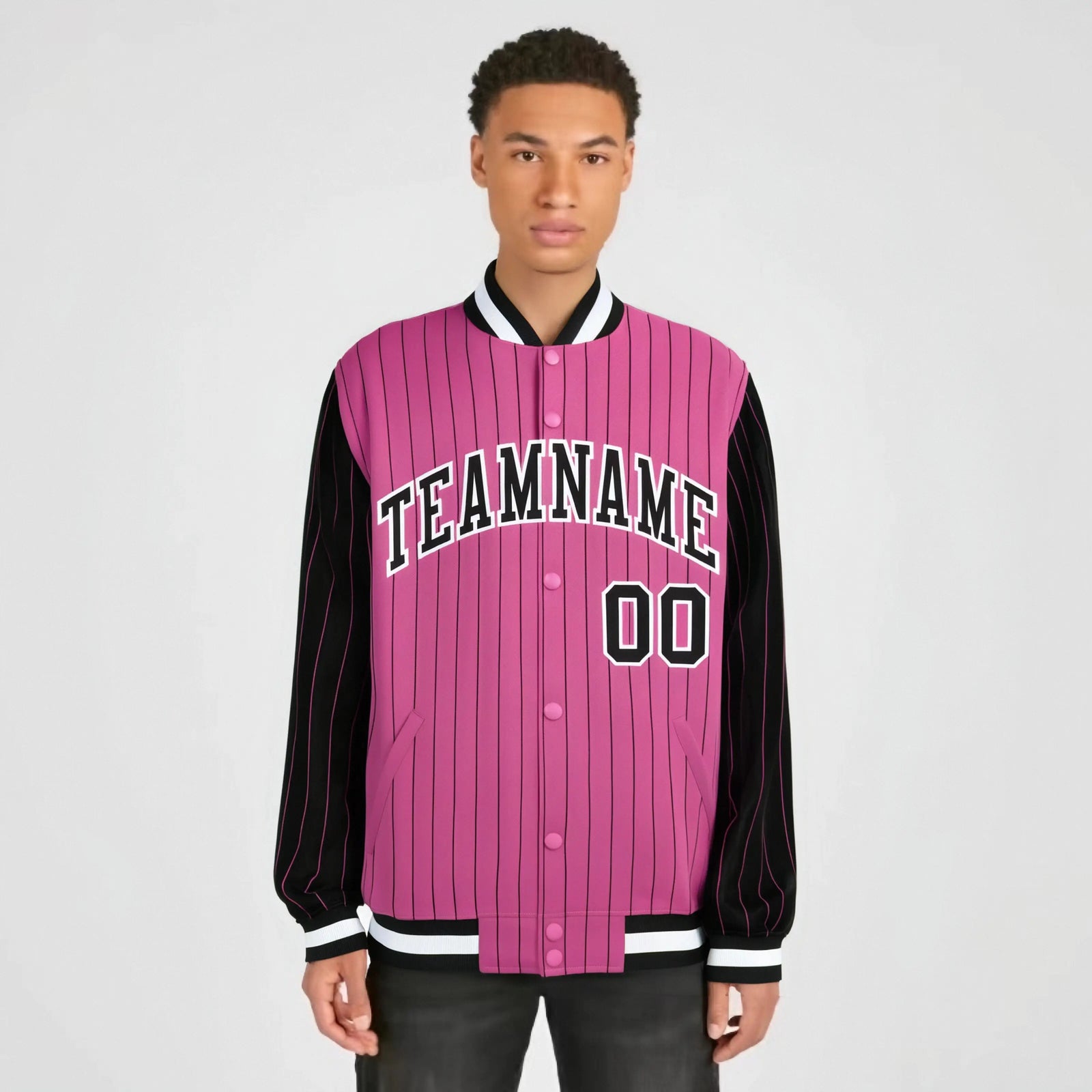 Custom Pink Black-Pink Personalized Stripe Fashion Letterman Bomber Varsity Jacket