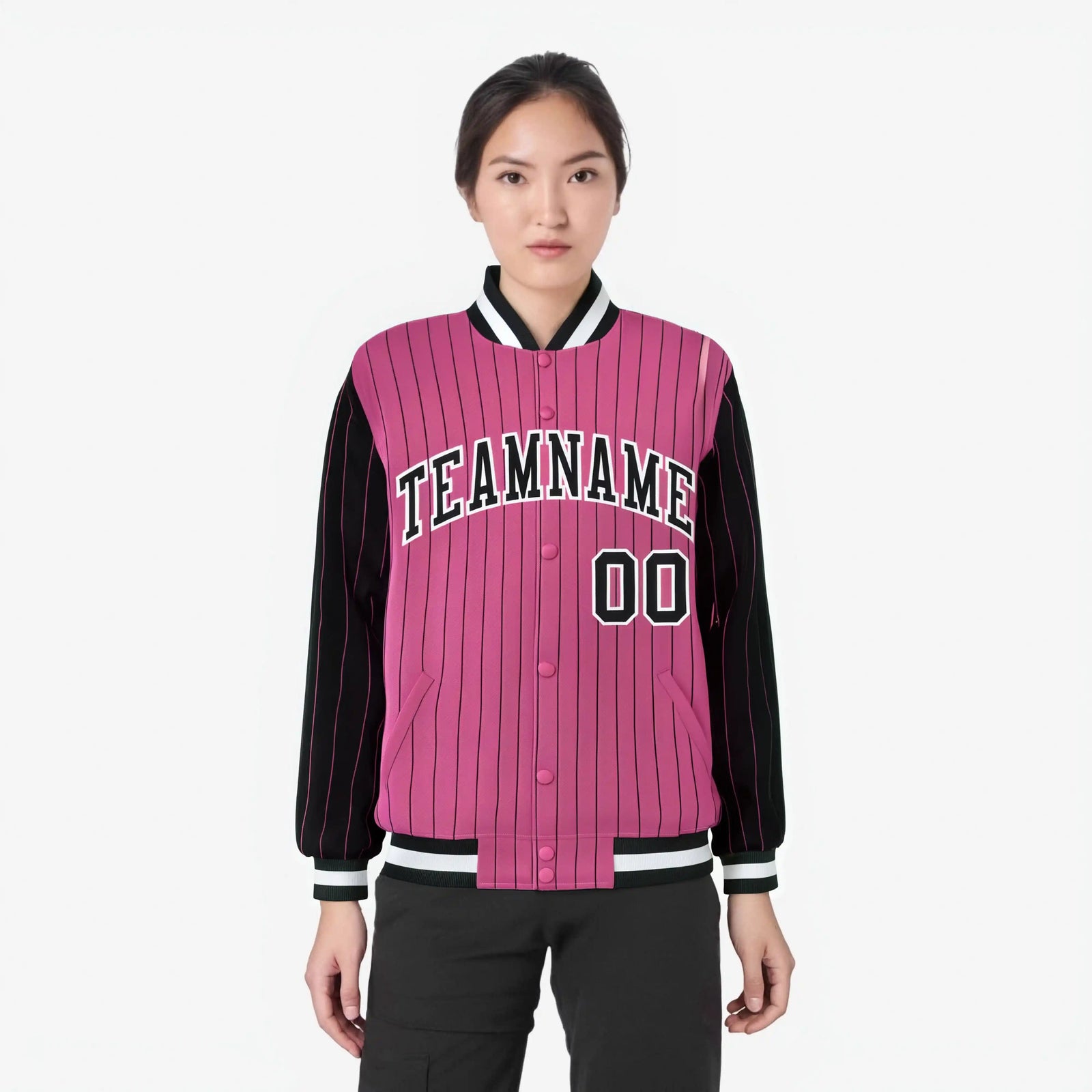 Custom Pink Black-Pink Personalized Stripe Fashion Letterman Bomber Varsity Jacket