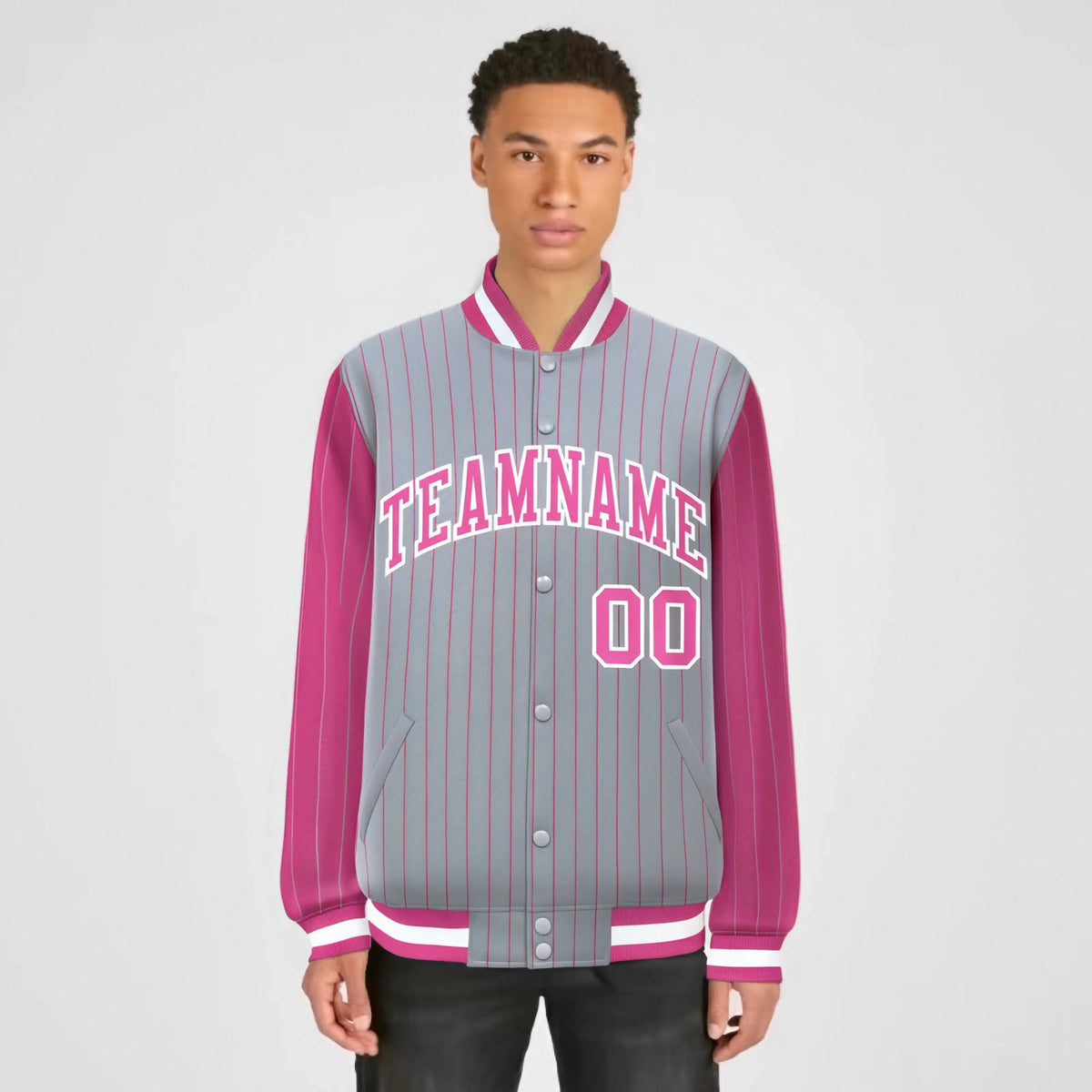 Custom Gray Pink-Gray Personalized Stripe Fashion Letterman Bomber Varsity Jacket