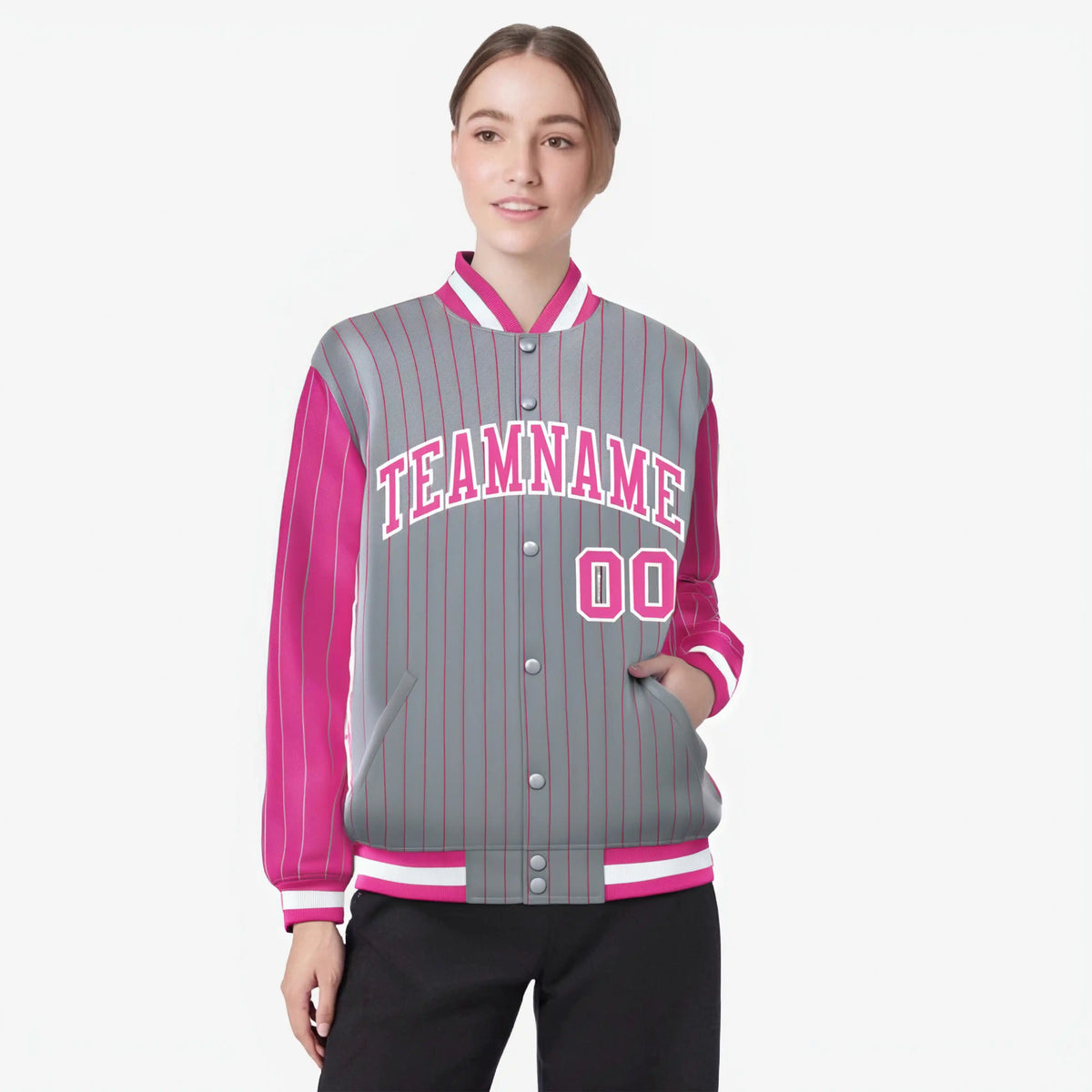 Custom Gray Pink-Gray Personalized Stripe Fashion Letterman Bomber Varsity Jacket