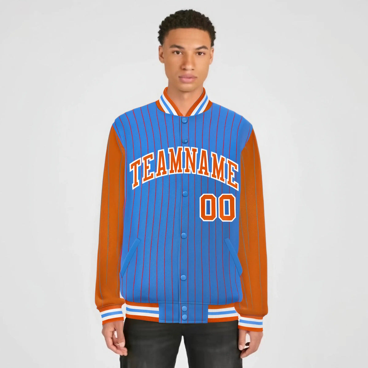 Custom Powder Blue Orange-Powder Blue Personalized Stripe Fashion Letterman Bomber Varsity Jacket