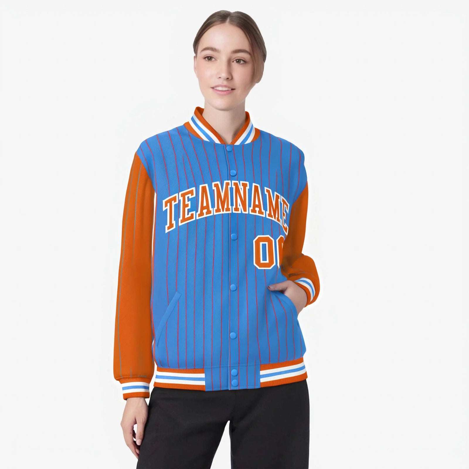 Custom Powder Blue Orange-Powder Blue Personalized Stripe Fashion Letterman Bomber Varsity Jacket