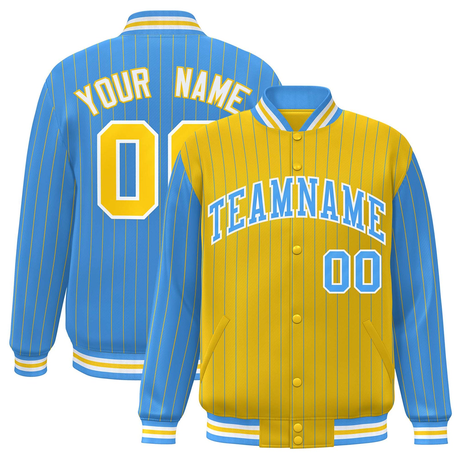 Custom Powder Blue Gold-Powder Blue Personalized Stripe Fashion Letterman Bomber Varsity Jacket