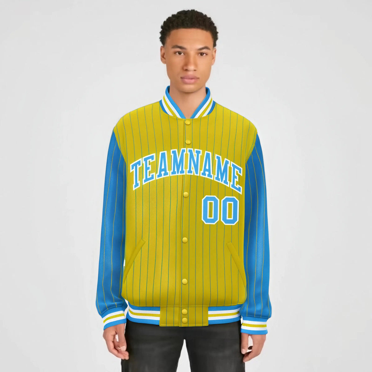 Custom Powder Blue Gold-Powder Blue Personalized Stripe Fashion Letterman Bomber Varsity Jacket
