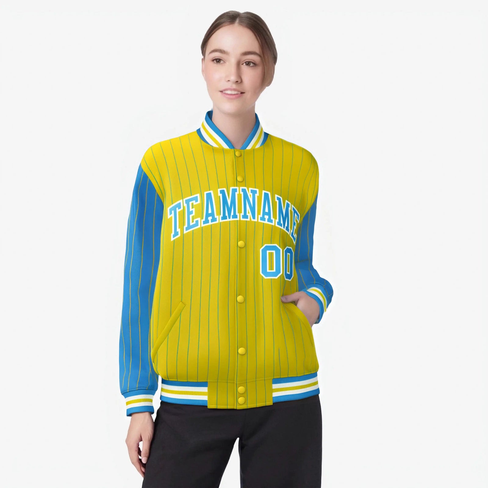 Custom Powder Blue Gold-Powder Blue Personalized Stripe Fashion Letterman Bomber Varsity Jacket