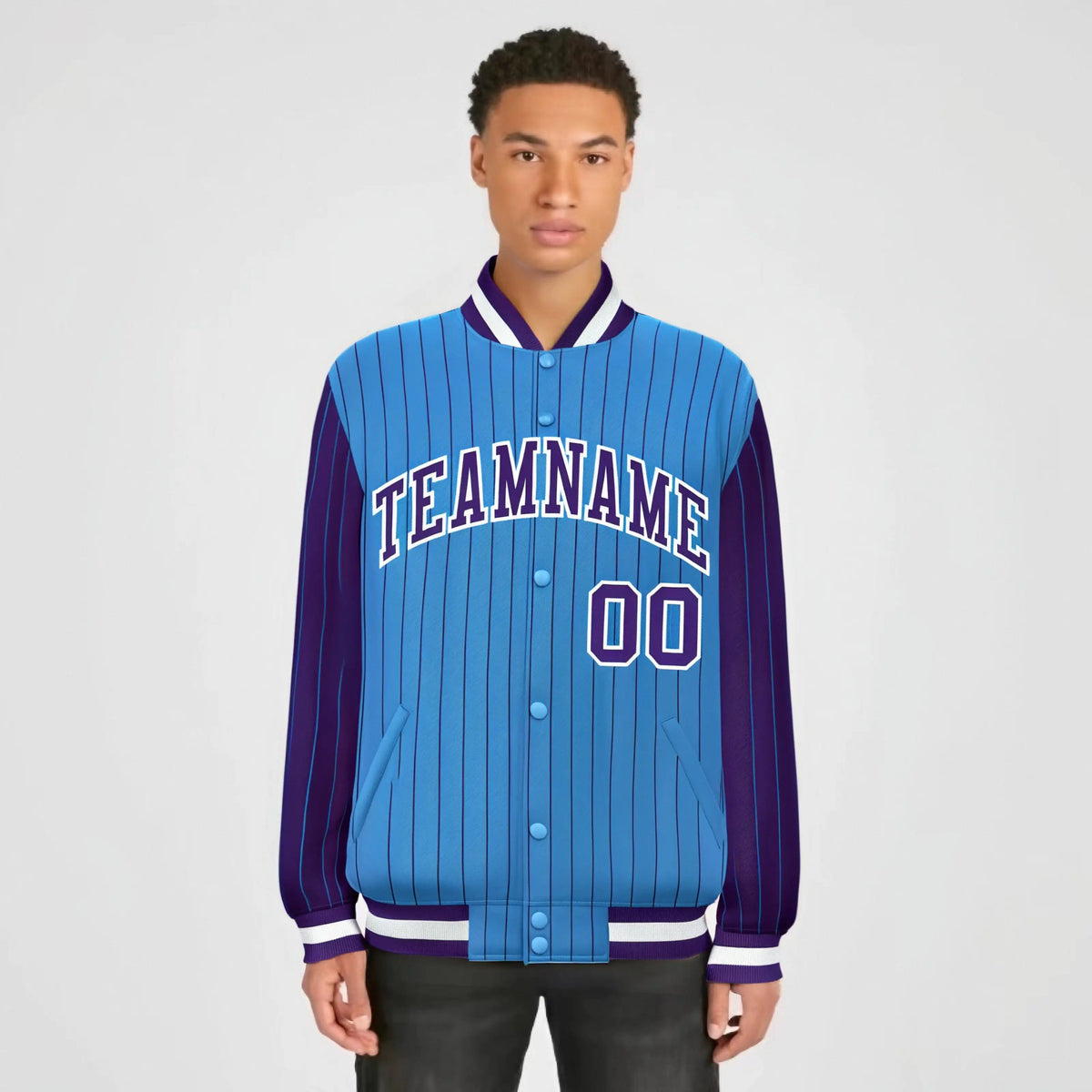 Custom Powder Blue Purple-Powder Blue Personalized Stripe Fashion Letterman Bomber Varsity Jacket