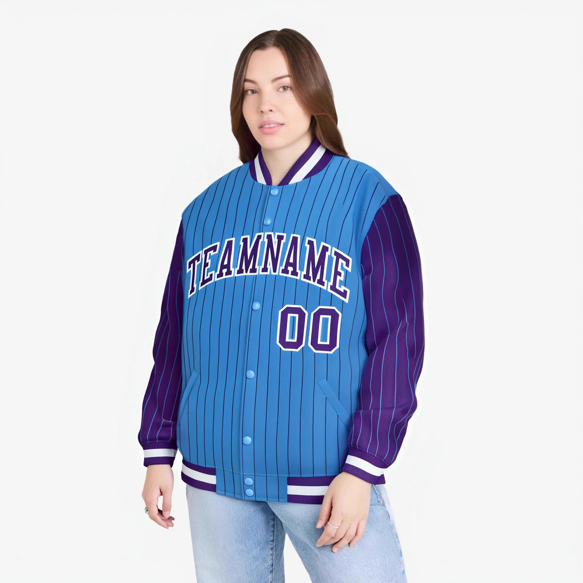 Custom Powder Blue Purple-Powder Blue Personalized Stripe Fashion Letterman Bomber Varsity Jacket