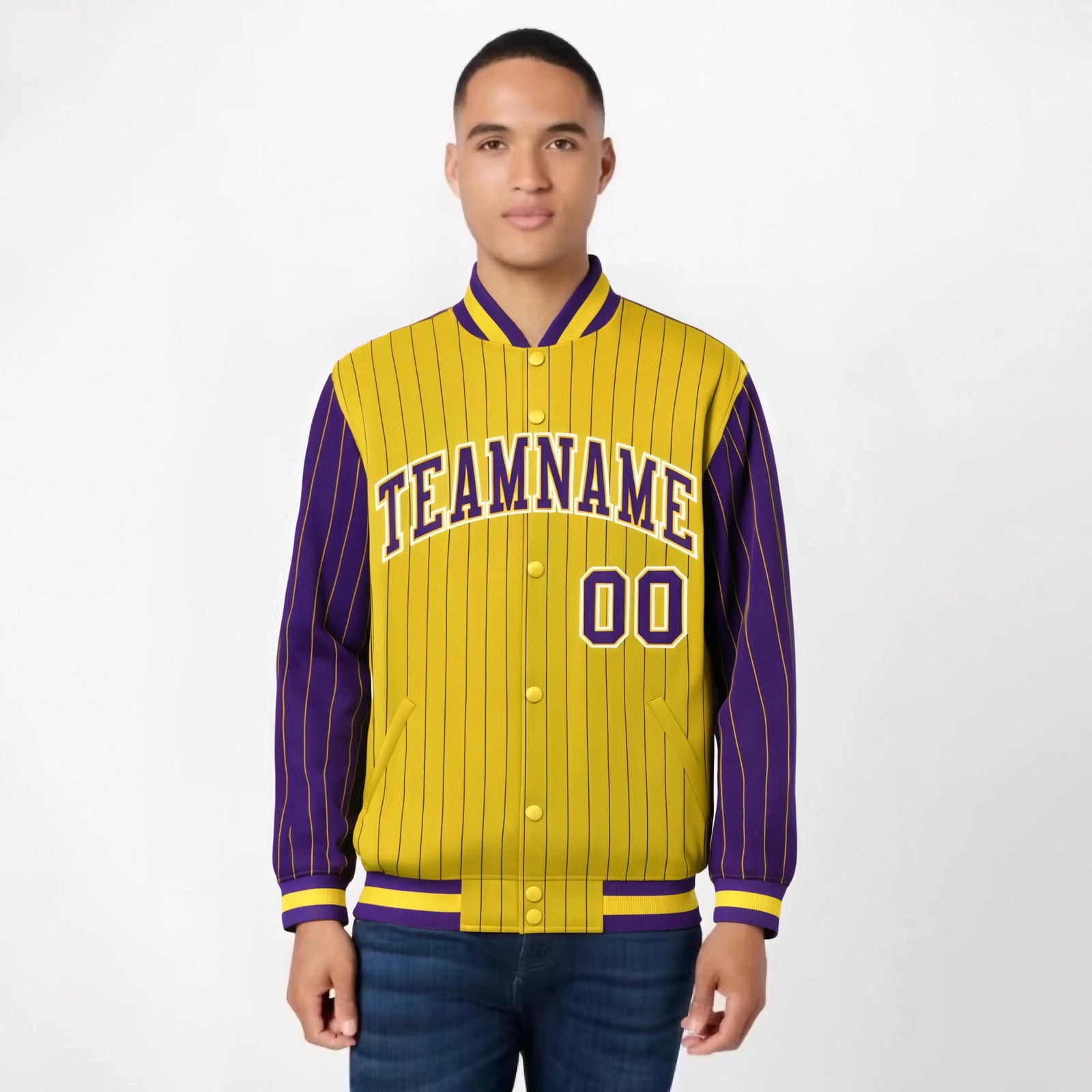 Custom Gold Purple-Gold Personalized Stripe Fashion Letterman Bomber Varsity Jacket