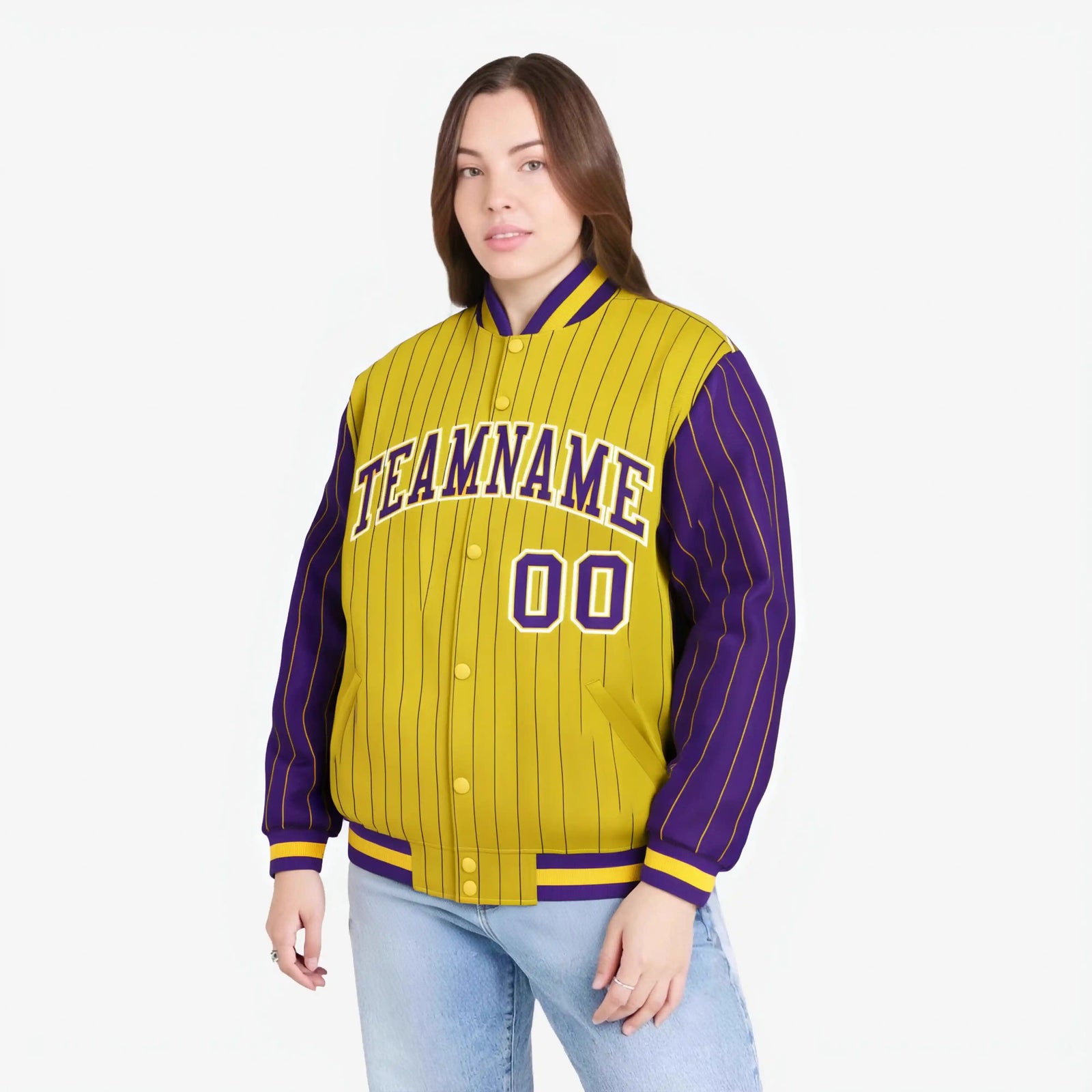 Custom Gold Purple-Gold Personalized Stripe Fashion Letterman Bomber Varsity Jacket