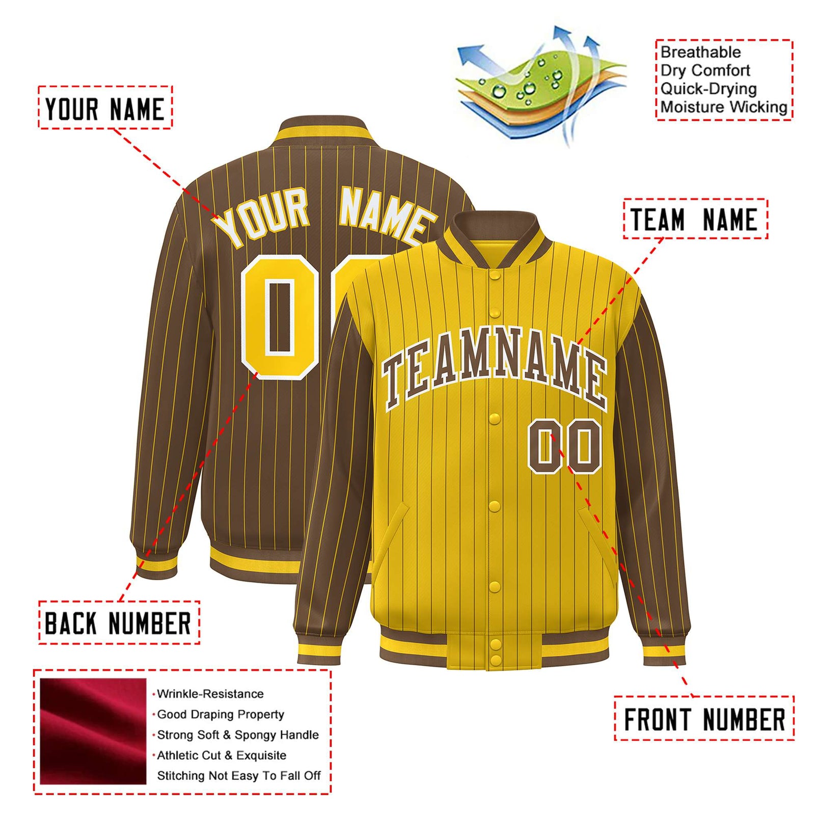 Custom Gold Brown-Gold Personalized Stripe Fashion Letterman Bomber Varsity Jacket