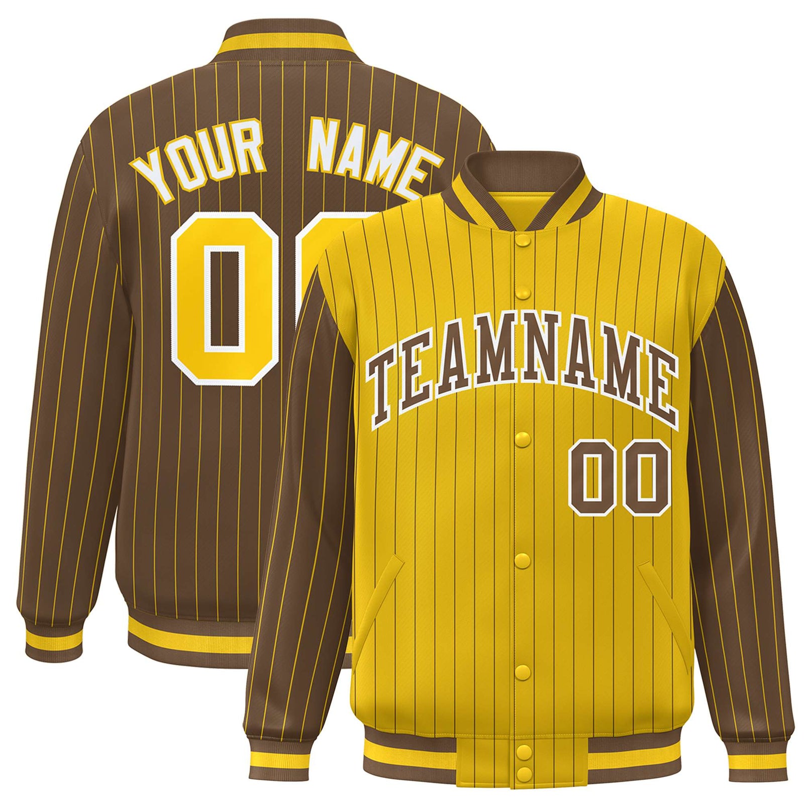 Custom Gold Brown-Gold Personalized Stripe Fashion Letterman Bomber Varsity Jacket