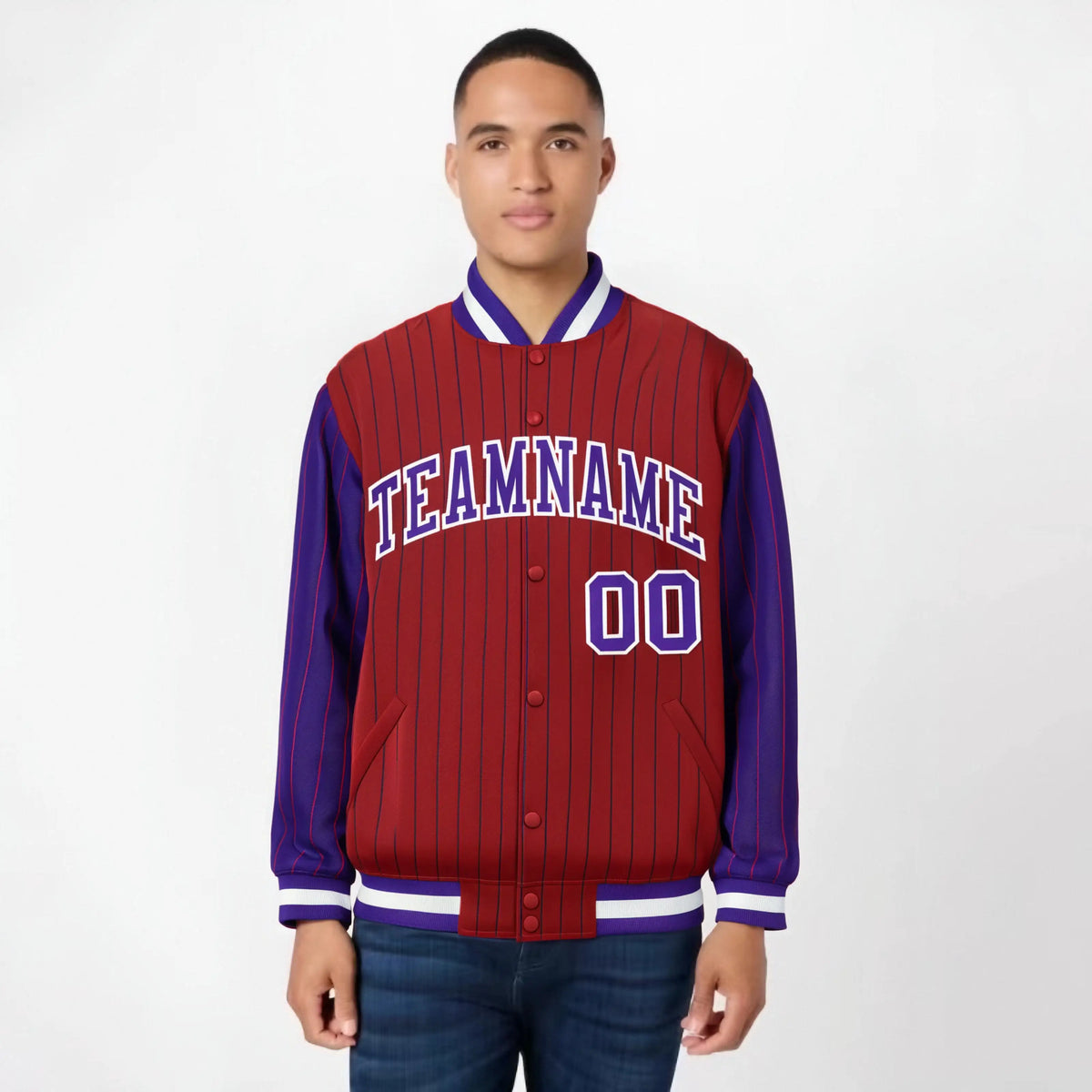 Custom Red Purple-Red Personalized Stripe Fashion Letterman Bomber Varsity Jacket