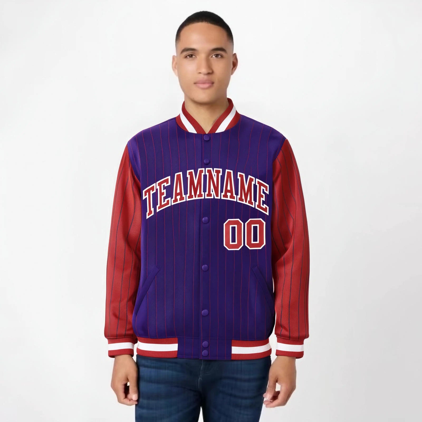Custom Purple Red-Purple Personalized Stripe Fashion Letterman Bomber Varsity Jacket