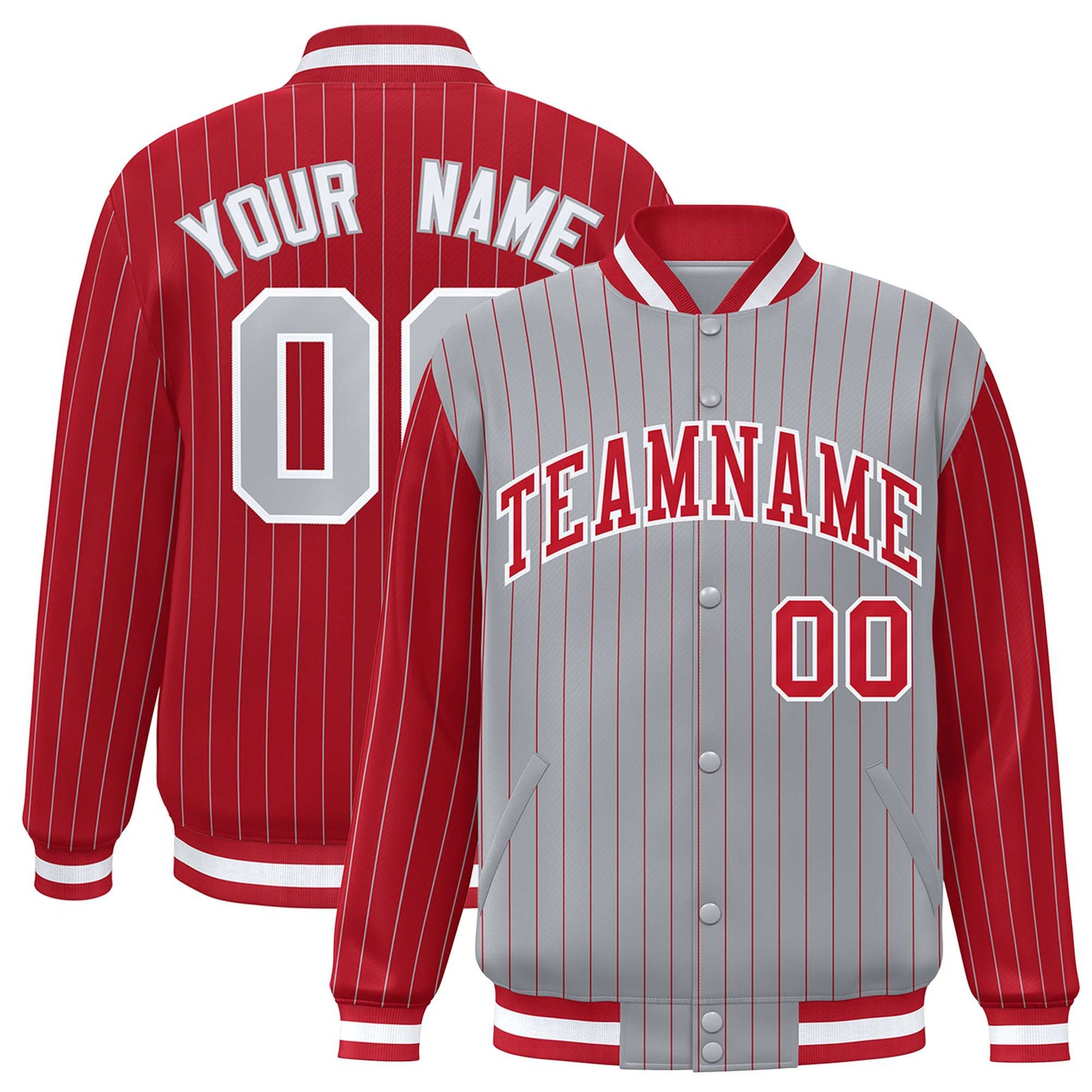 Custom Gray Red-Gray Personalized Stripe Fashion Letterman Bomber Varsity Jacket