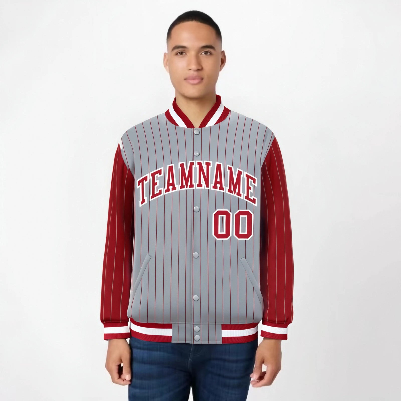 Custom Gray Red-Gray Personalized Stripe Fashion Letterman Bomber Varsity Jacket