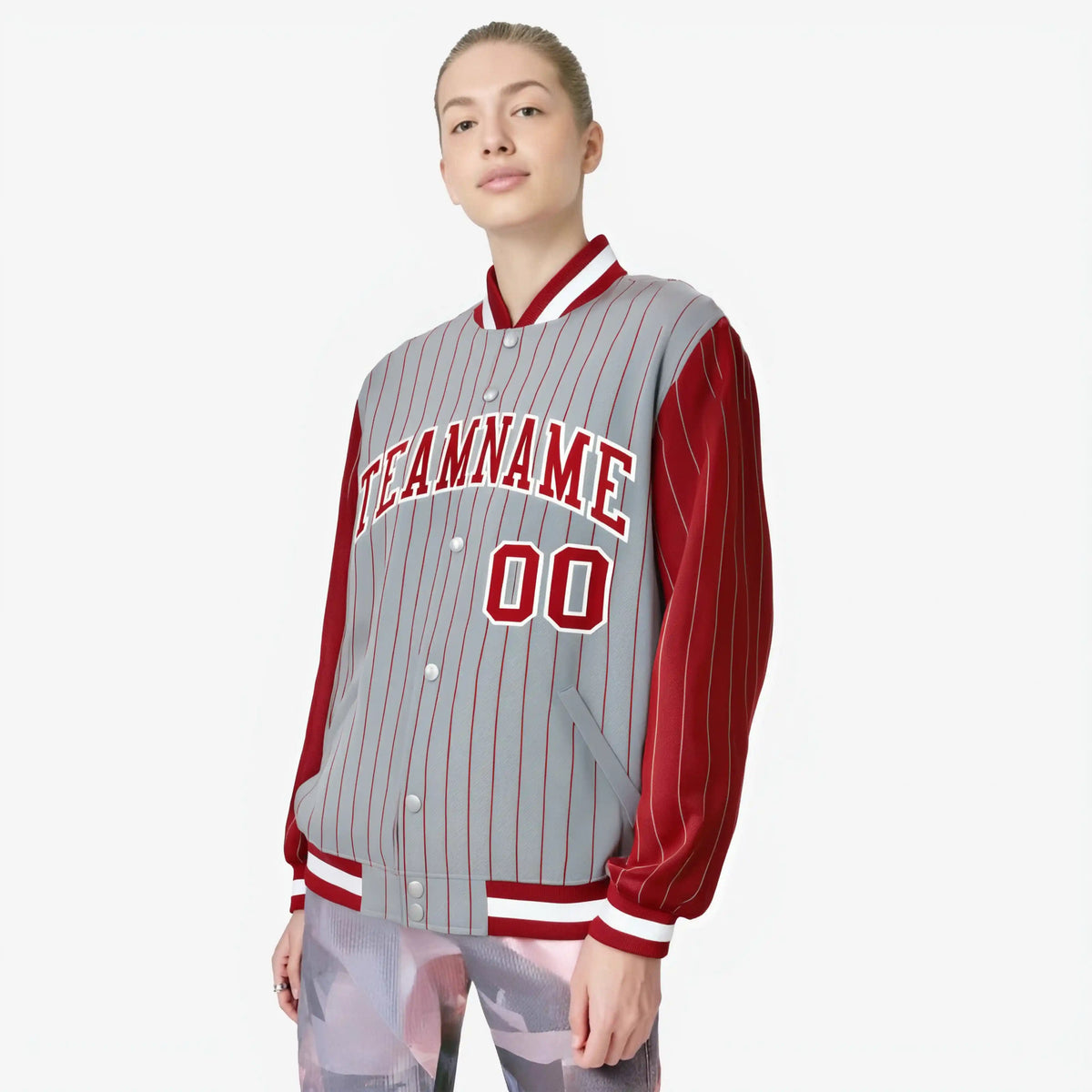 Custom Gray Red-Gray Personalized Stripe Fashion Letterman Bomber Varsity Jacket