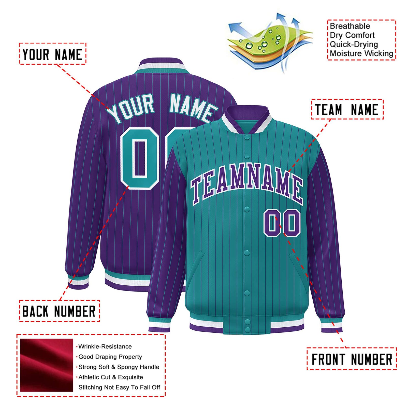 Custom Aqua Purple-Aqua Personalized Stripe Fashion Letterman Bomber Varsity Jacket