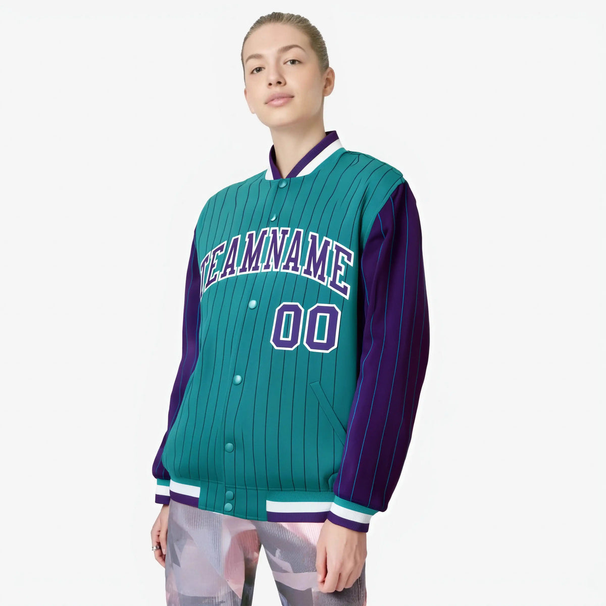 Custom Aqua Purple-Aqua Personalized Stripe Fashion Letterman Bomber Varsity Jacket