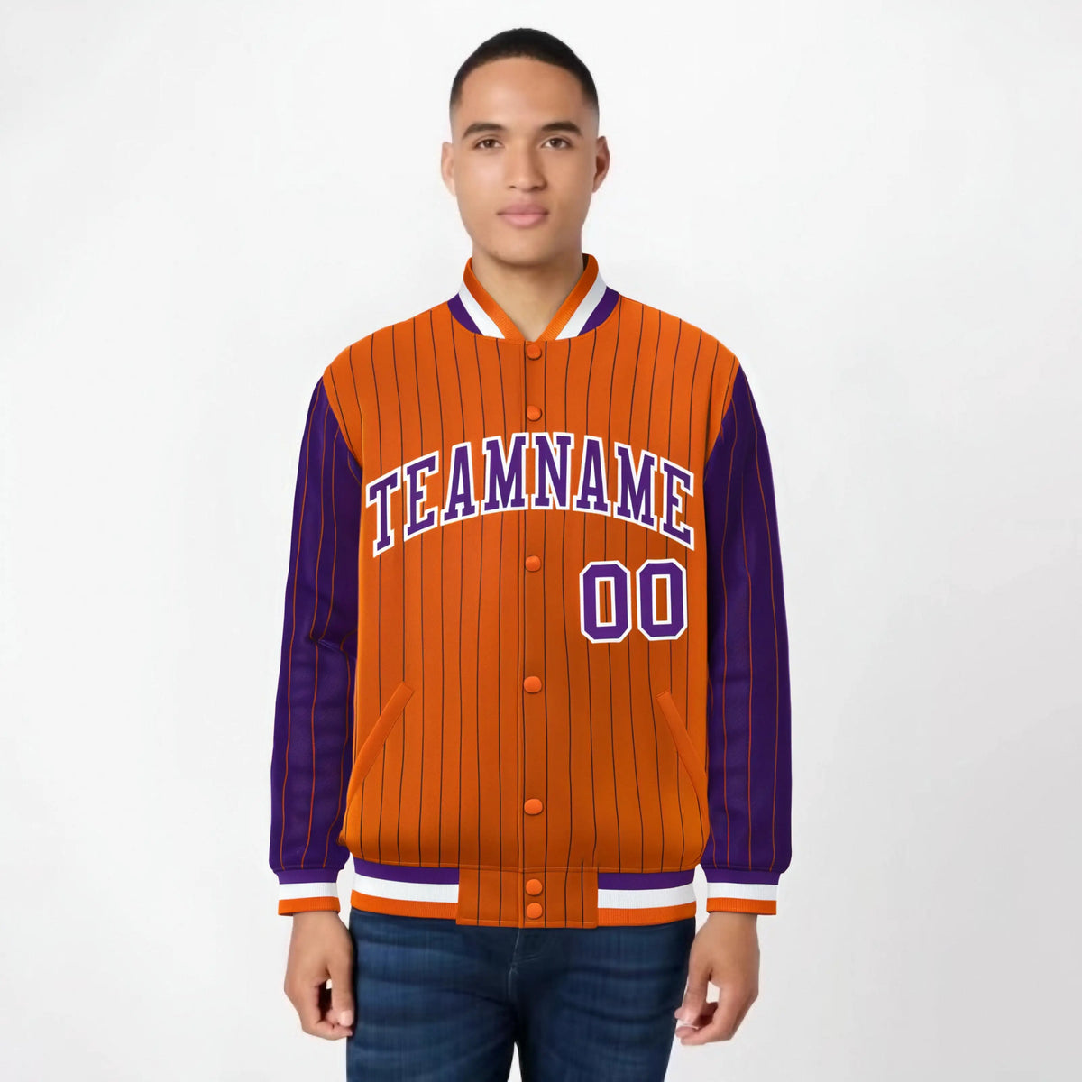 Custom Orange Purple-Orange Personalized Stripe Fashion Letterman Bomber Varsity Jacket