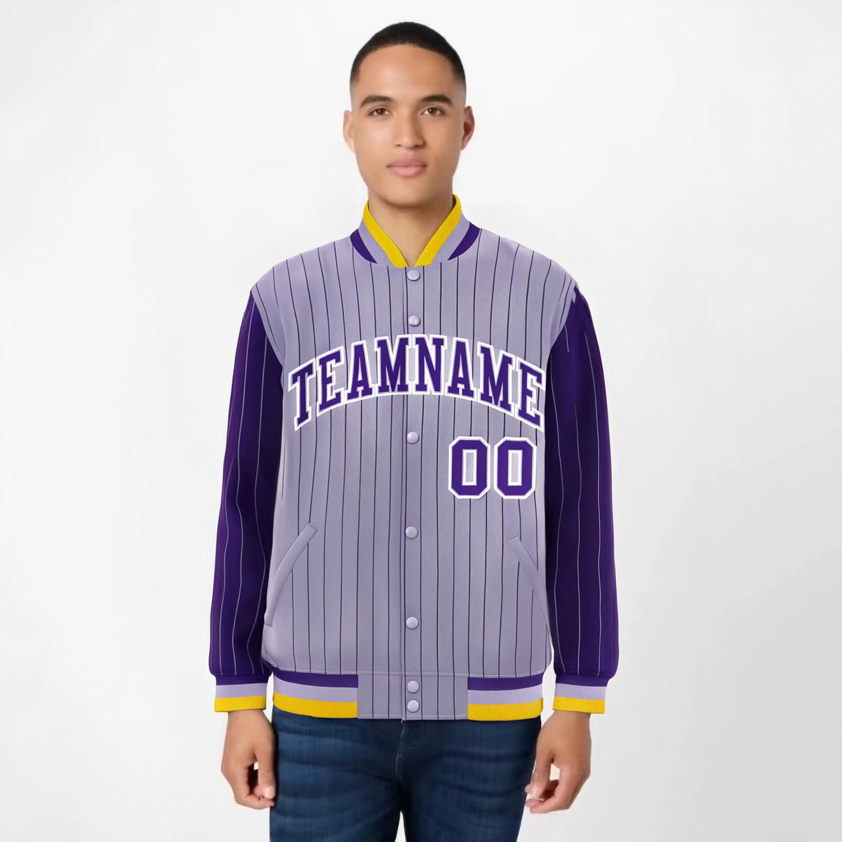 Custom Light Purple Purple-Light Purple Personalized Stripe Fashion Letterman Bomber Varsity Jacket