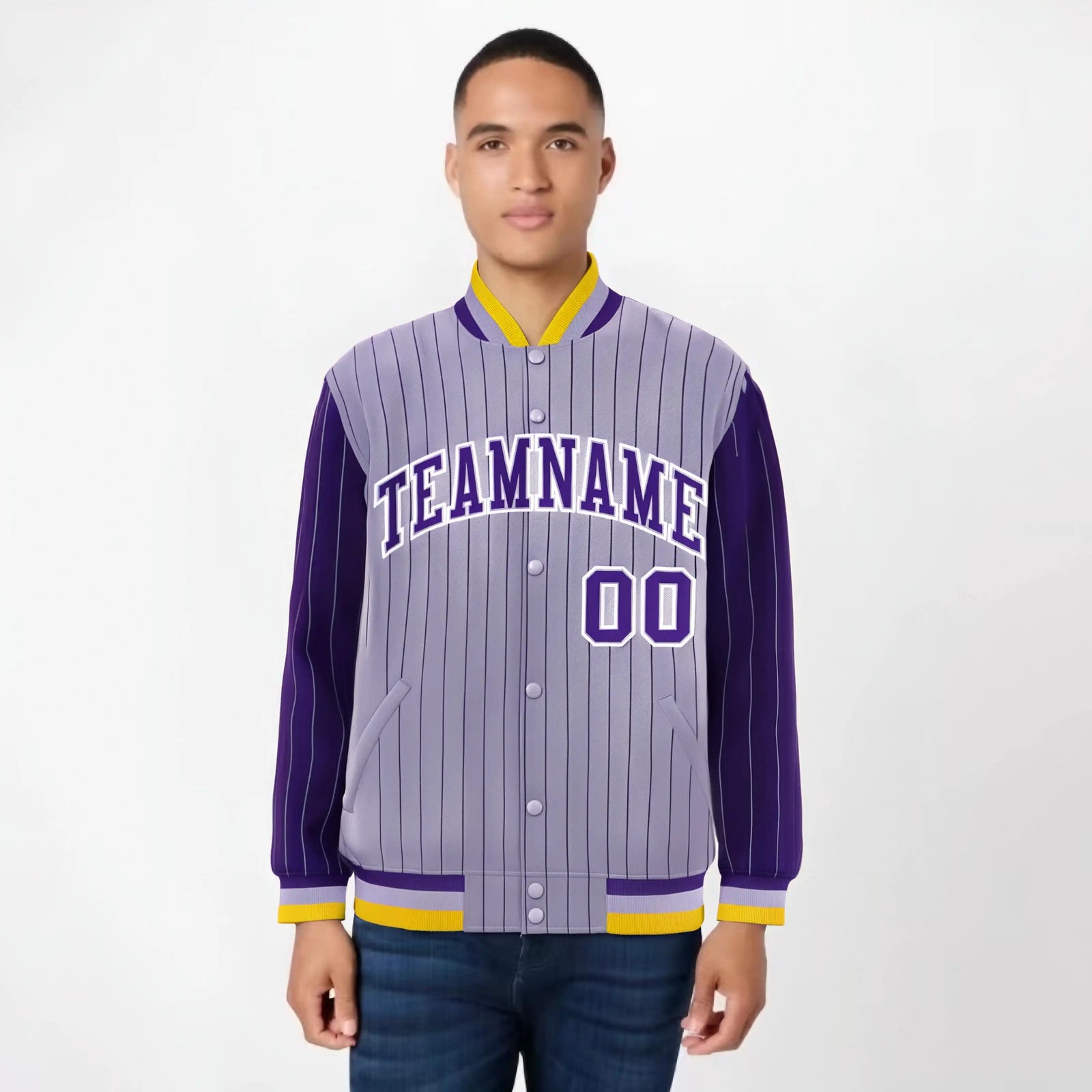 Custom Light Purple Purple-Light Purple Personalized Stripe Fashion Letterman Bomber Varsity Jacket