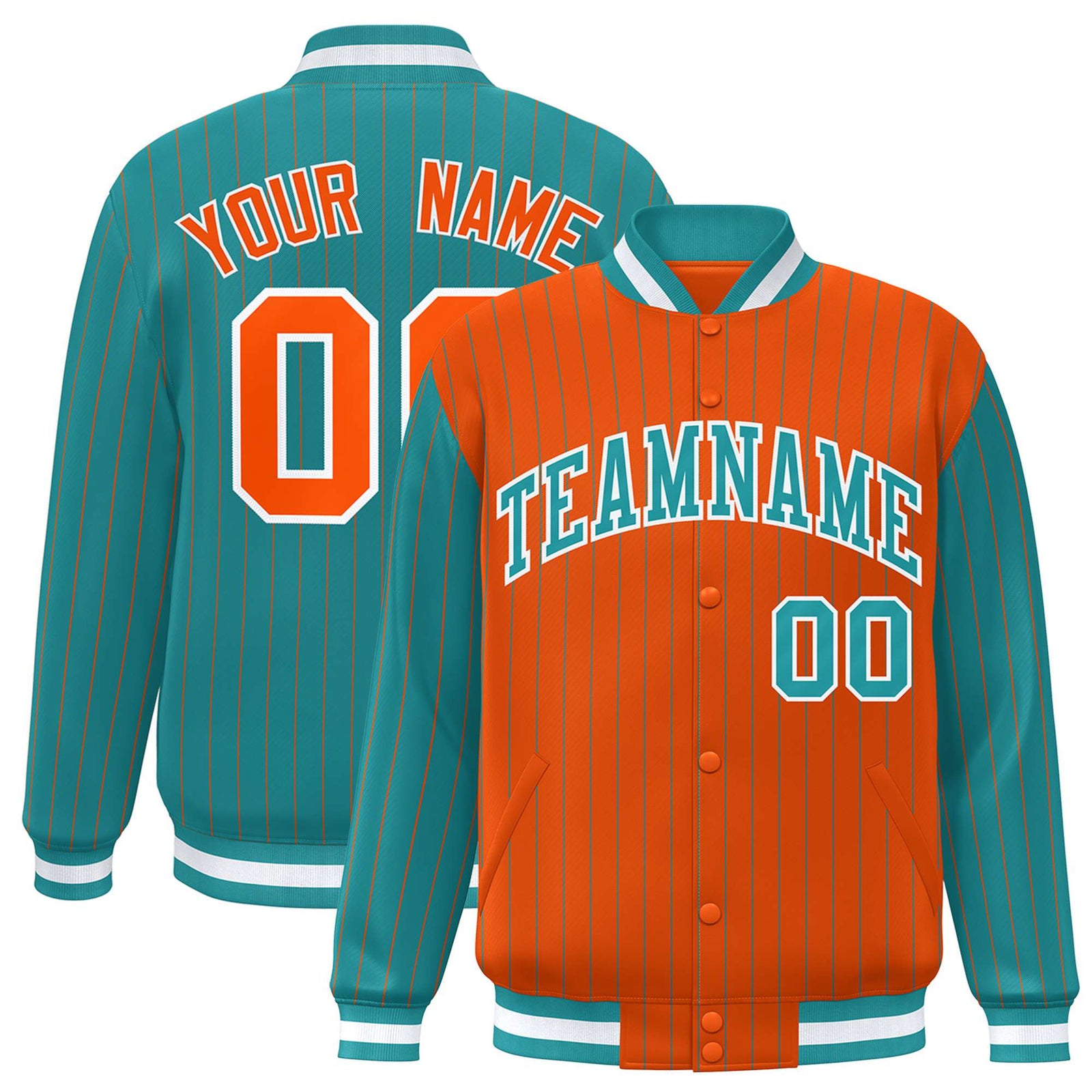 Custom Orange Aqua-Orange Personalized Stripe Fashion Letterman Bomber Varsity Jacket